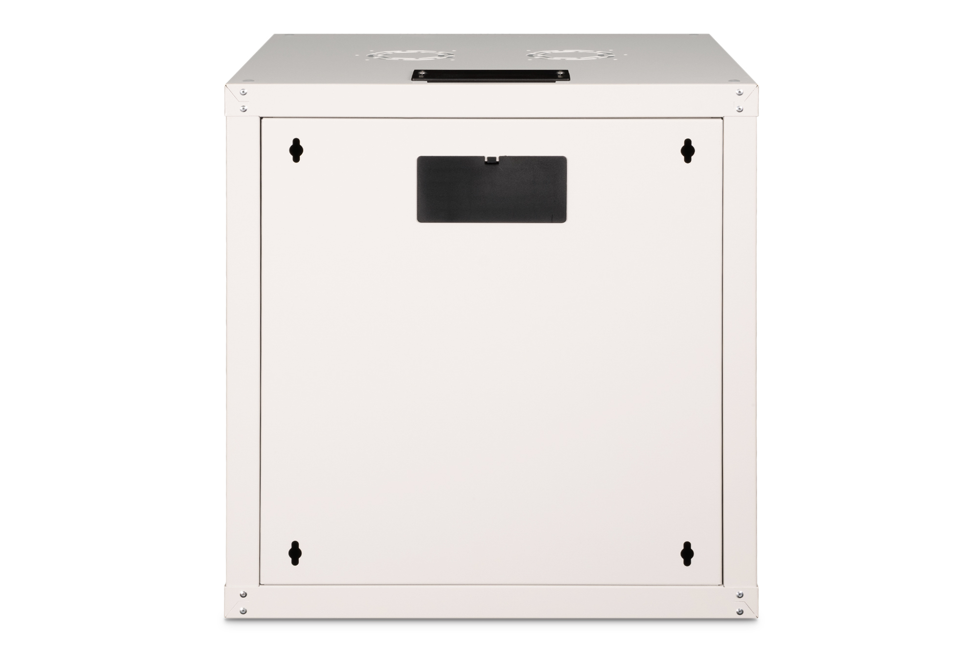 Un rack bianco con ventole in alto e uno scomparto nero sul davanti.