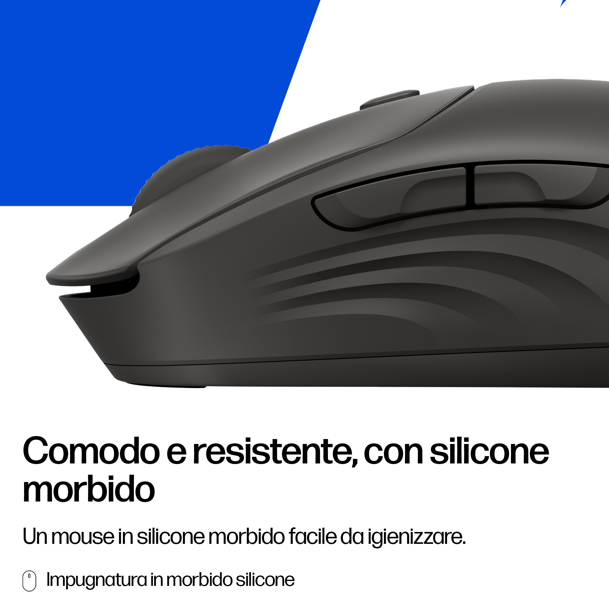 Mouse nero con impugnatura in morbido silicone, texture ondulata.