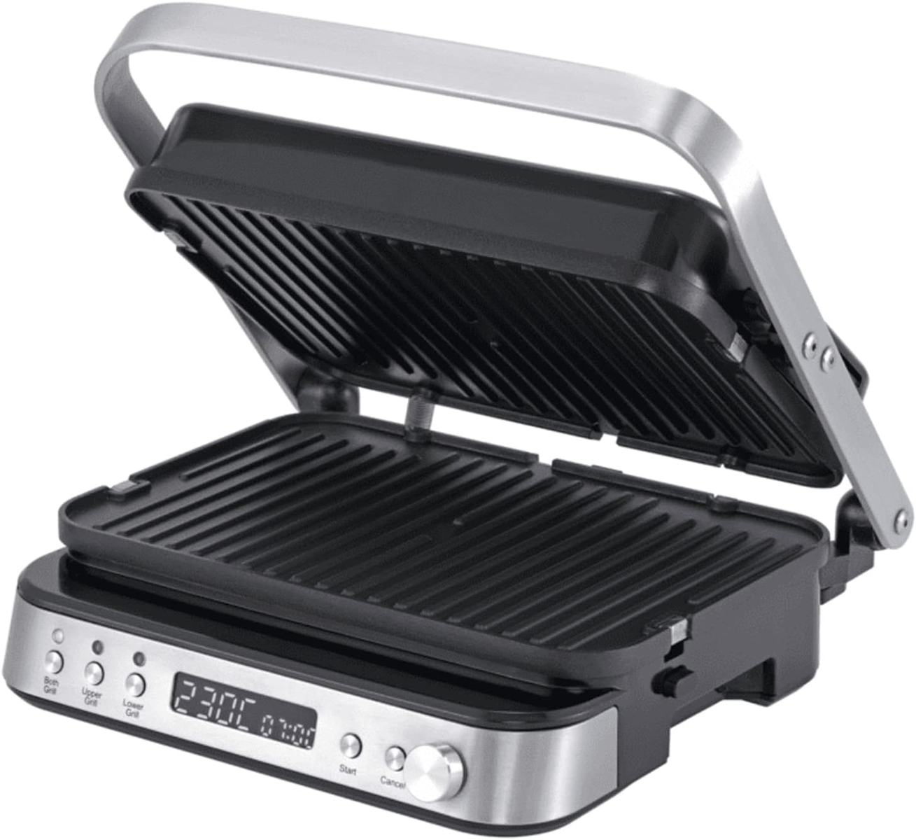 Ein offener Kontaktgrill mit silbernem Griff und schwarzen Grillplatten.