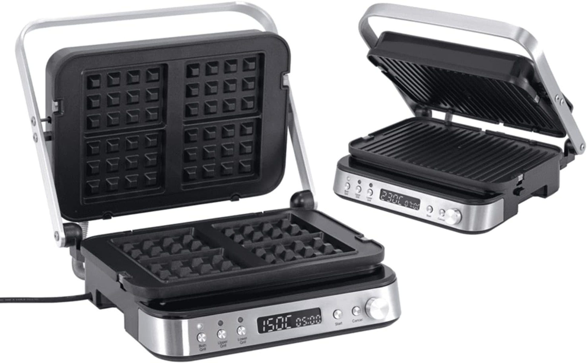 Zwei offene Elektrogrills, einer für Waffeln, einer für Panini, mit Digitalanzeigen.