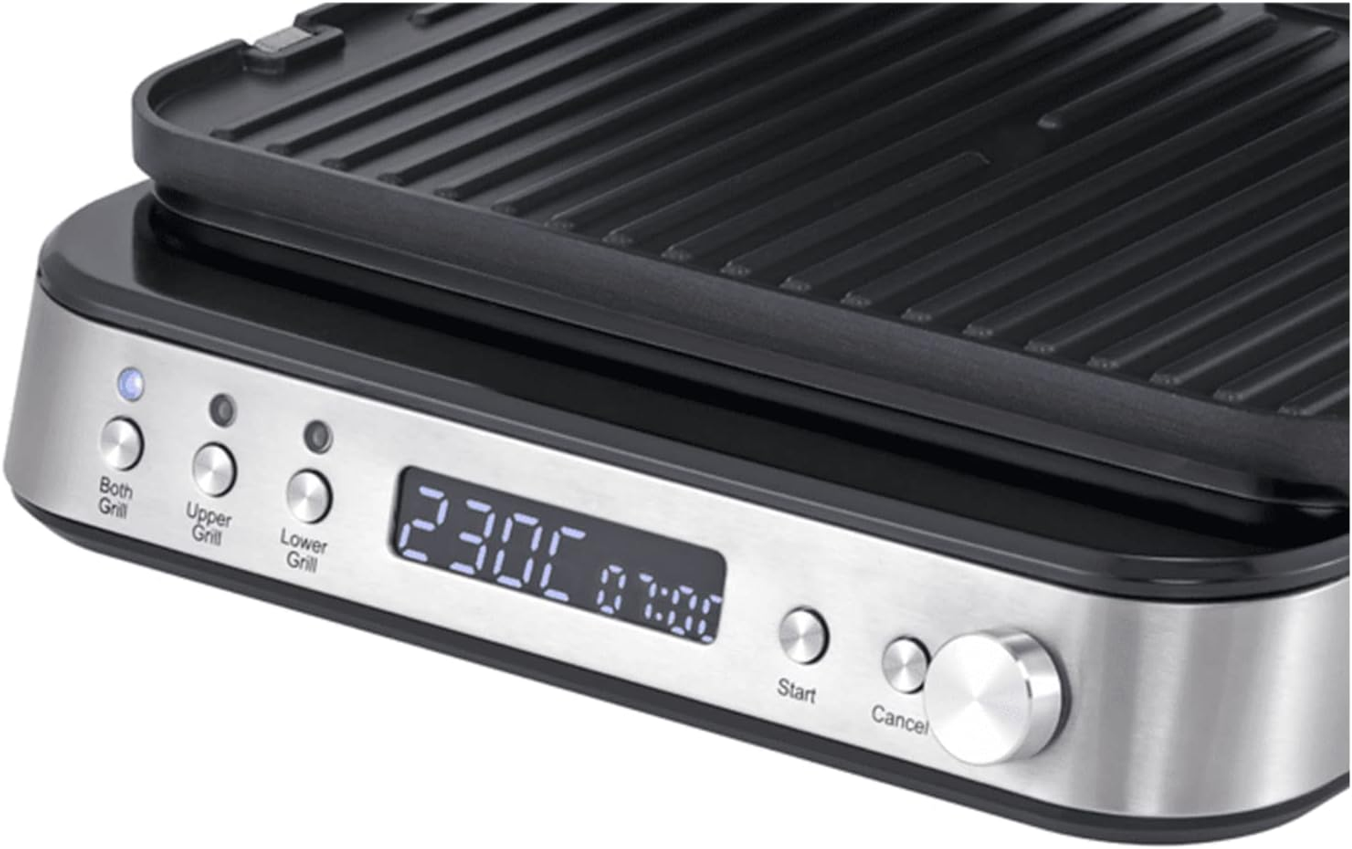 Elektrischer Grill mit digitaler Anzeige, Knöpfen und silbernem Gehäuse.