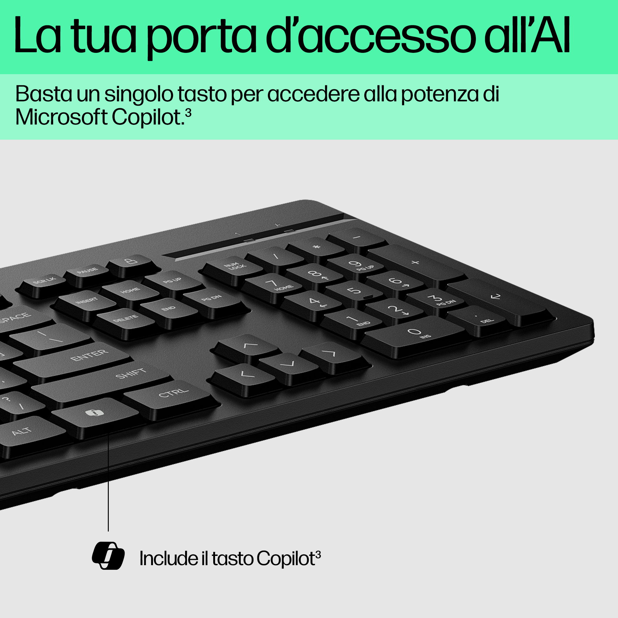 Primo piano di una tastiera nera, con focus sui tasti e il pulsante Copilot.