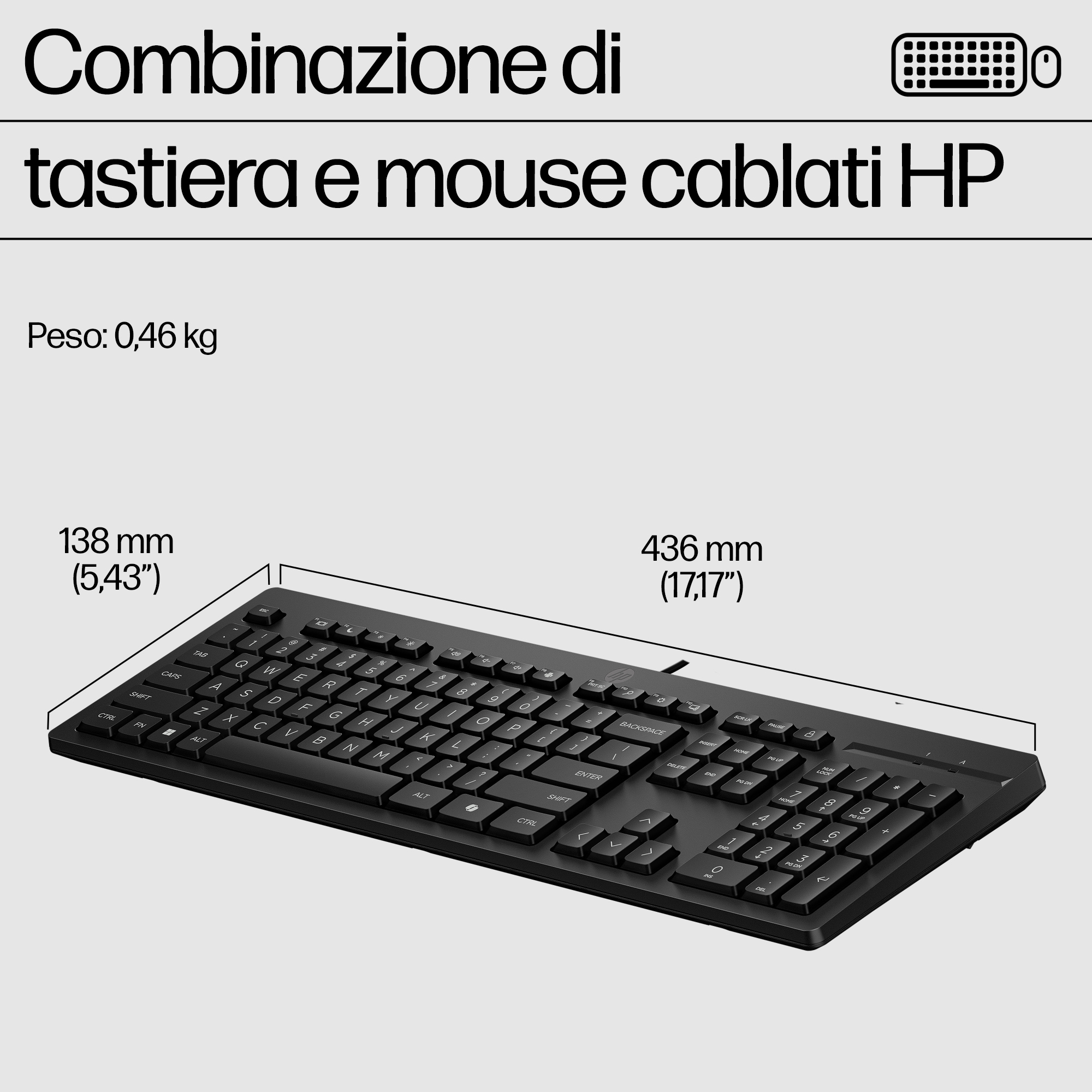 Tastiera e mouse HP cablati neri. Le dimensioni sono indicate.