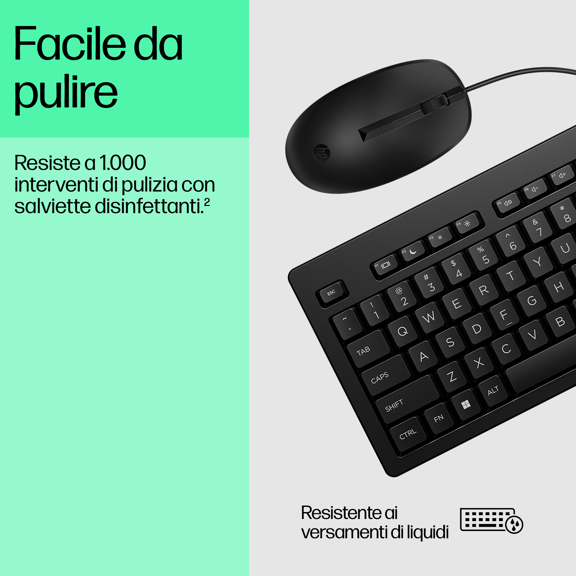 Tastiera e mouse neri su sfondo chiaro, con testo in italiano.