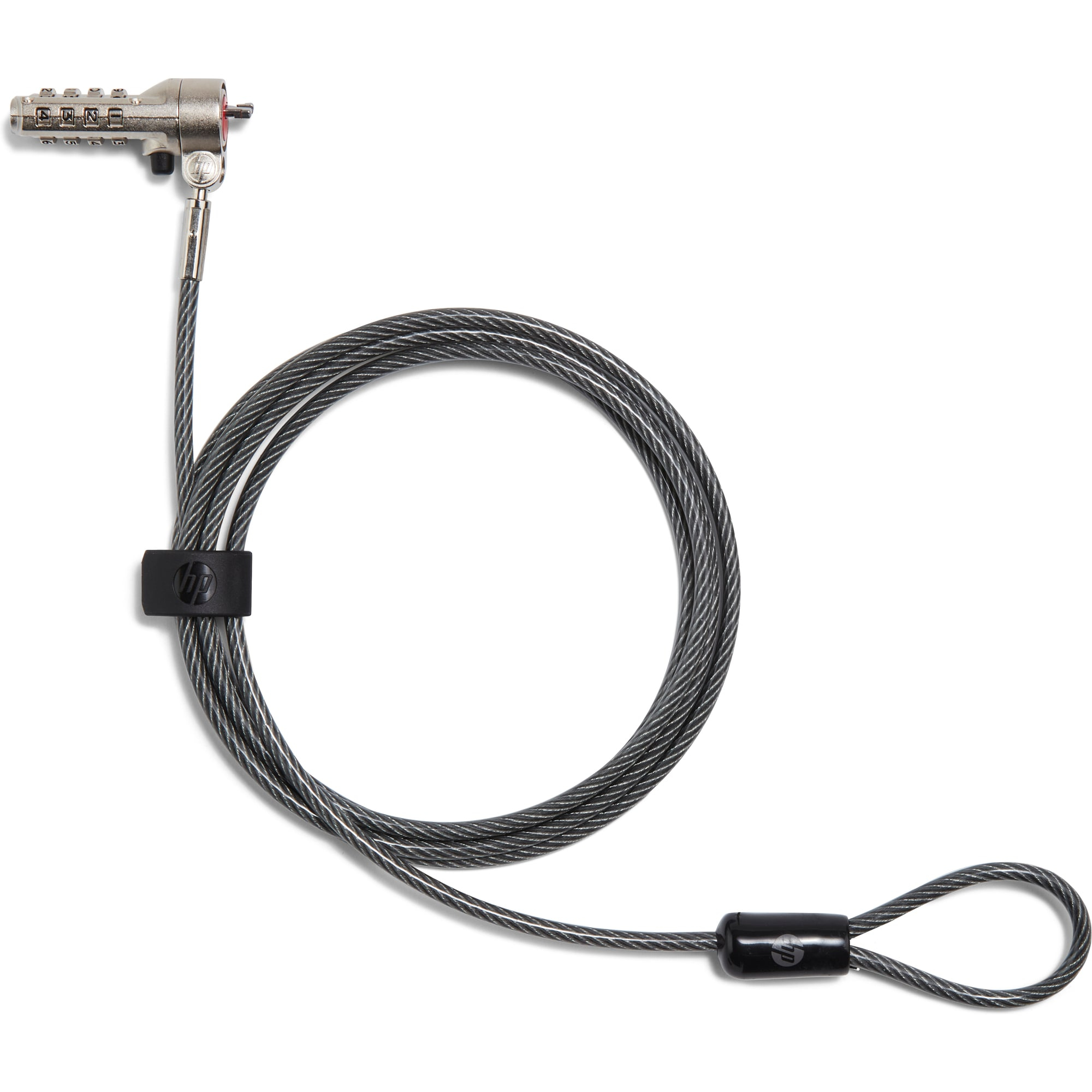 Un cavo di sicurezza in argento con lucchetto a combinazione e clip HP nera.