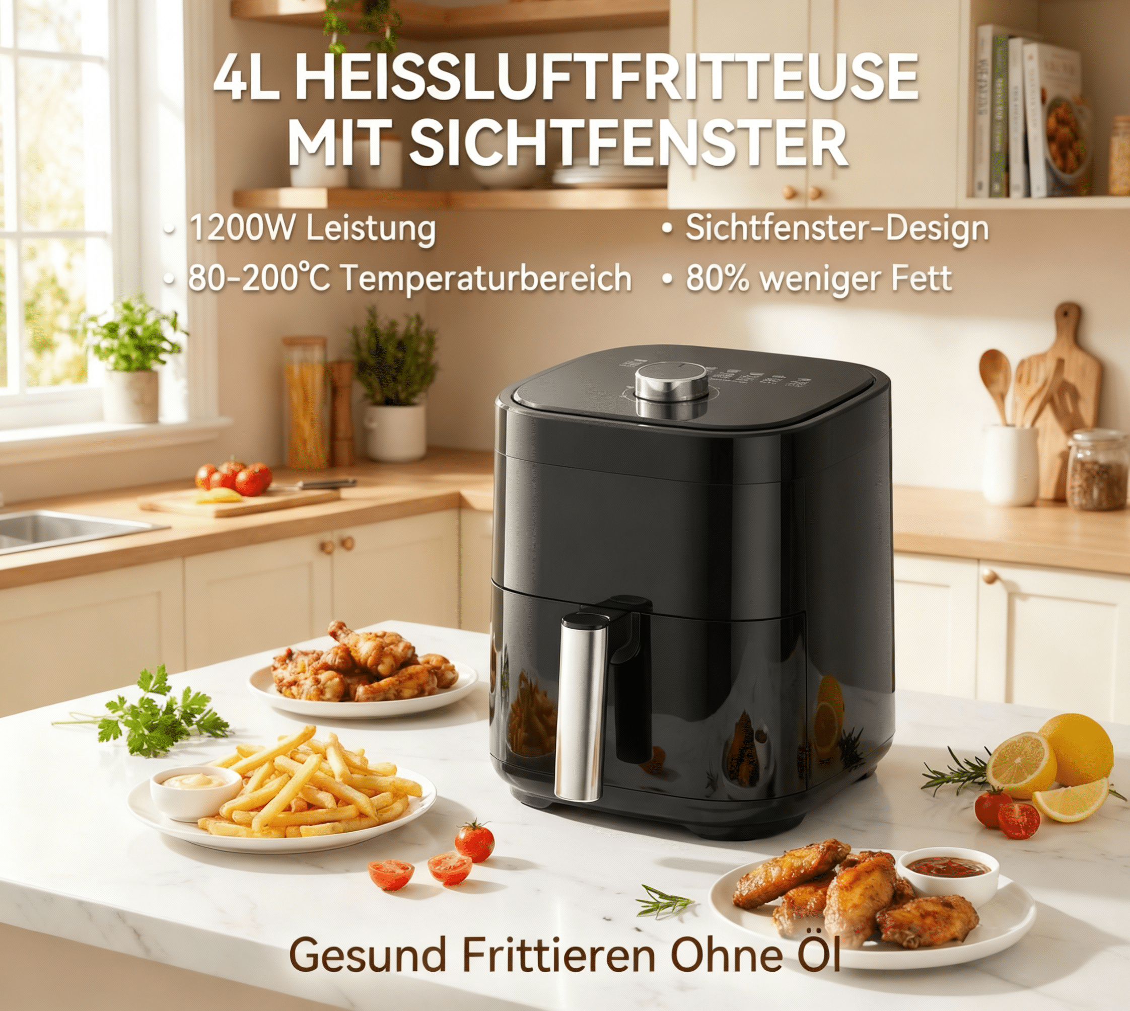 Schwarze Heißluftfritteuse mit Sichtfenster, Pommes und Hähnchenflügeln.