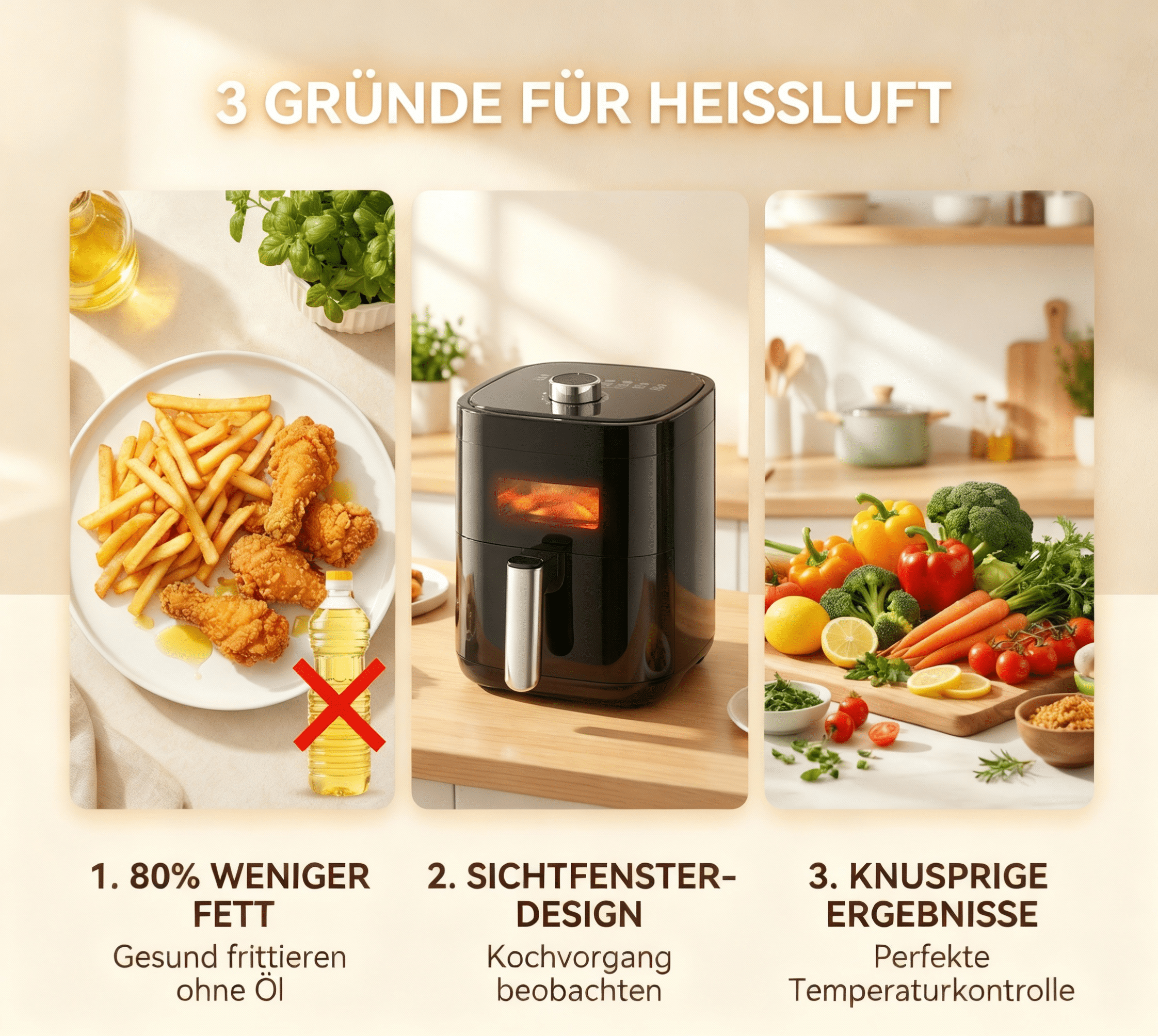 Drei Gründe für Heißluft: Weniger Fett, Sichtfenster, knusprige Ergebnisse.
