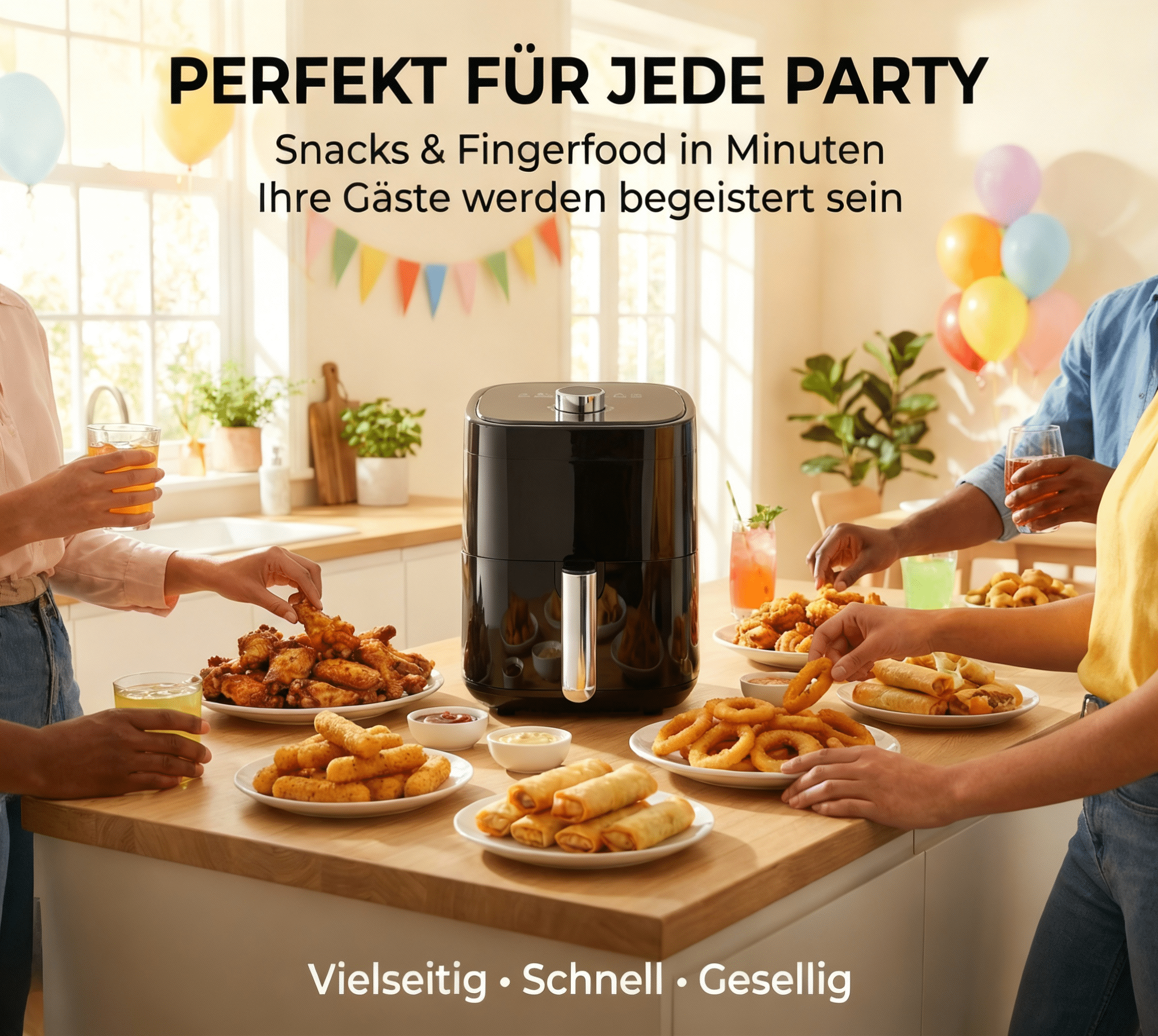 Eine Gruppe von Menschen isst Snacks vor einem Airfryer. Luftballons und Girlanden.