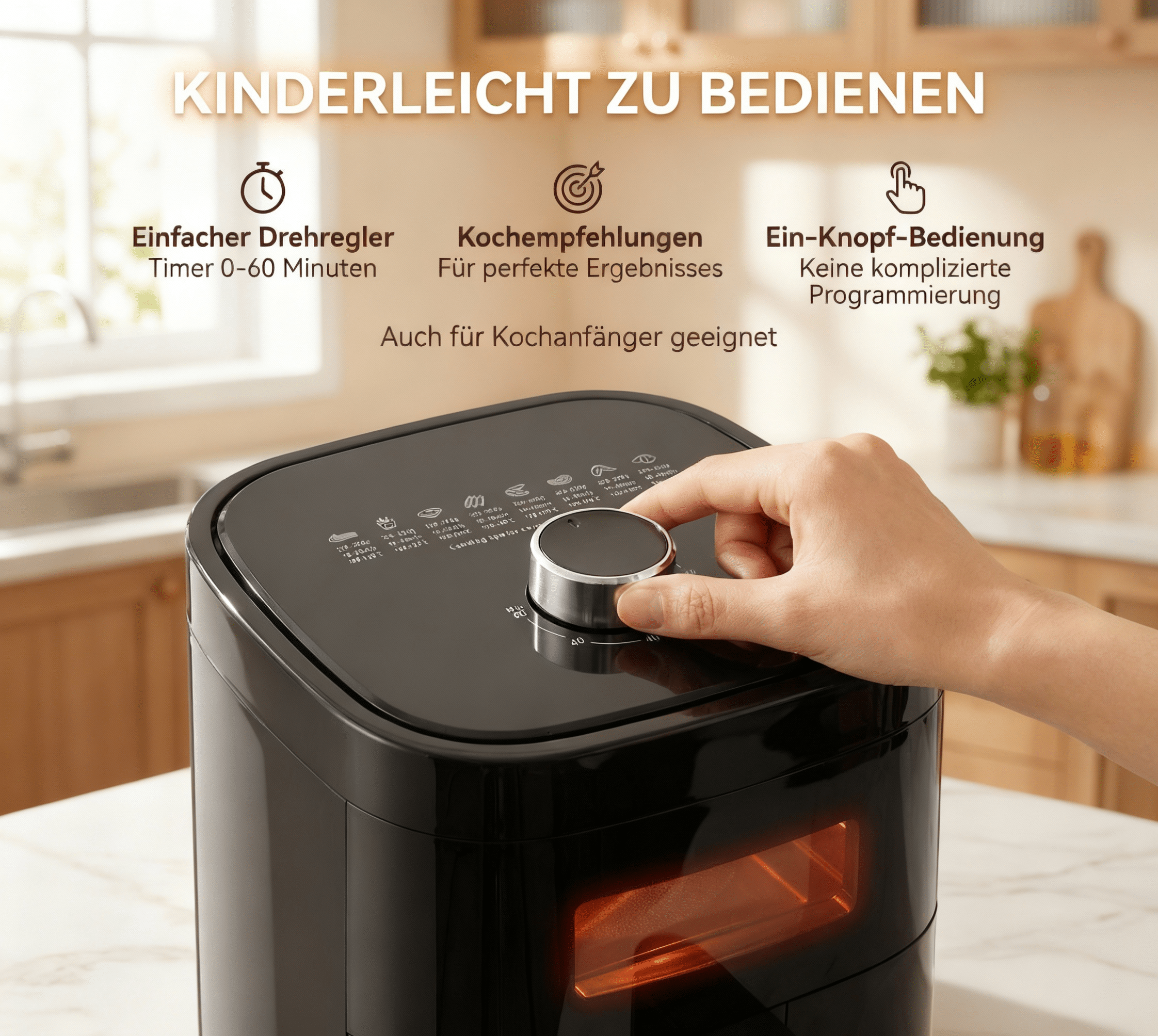 Eine Hand dreht den schwarzen Drehregler einer Heißluftfritteuse mit Kochsymbolen.