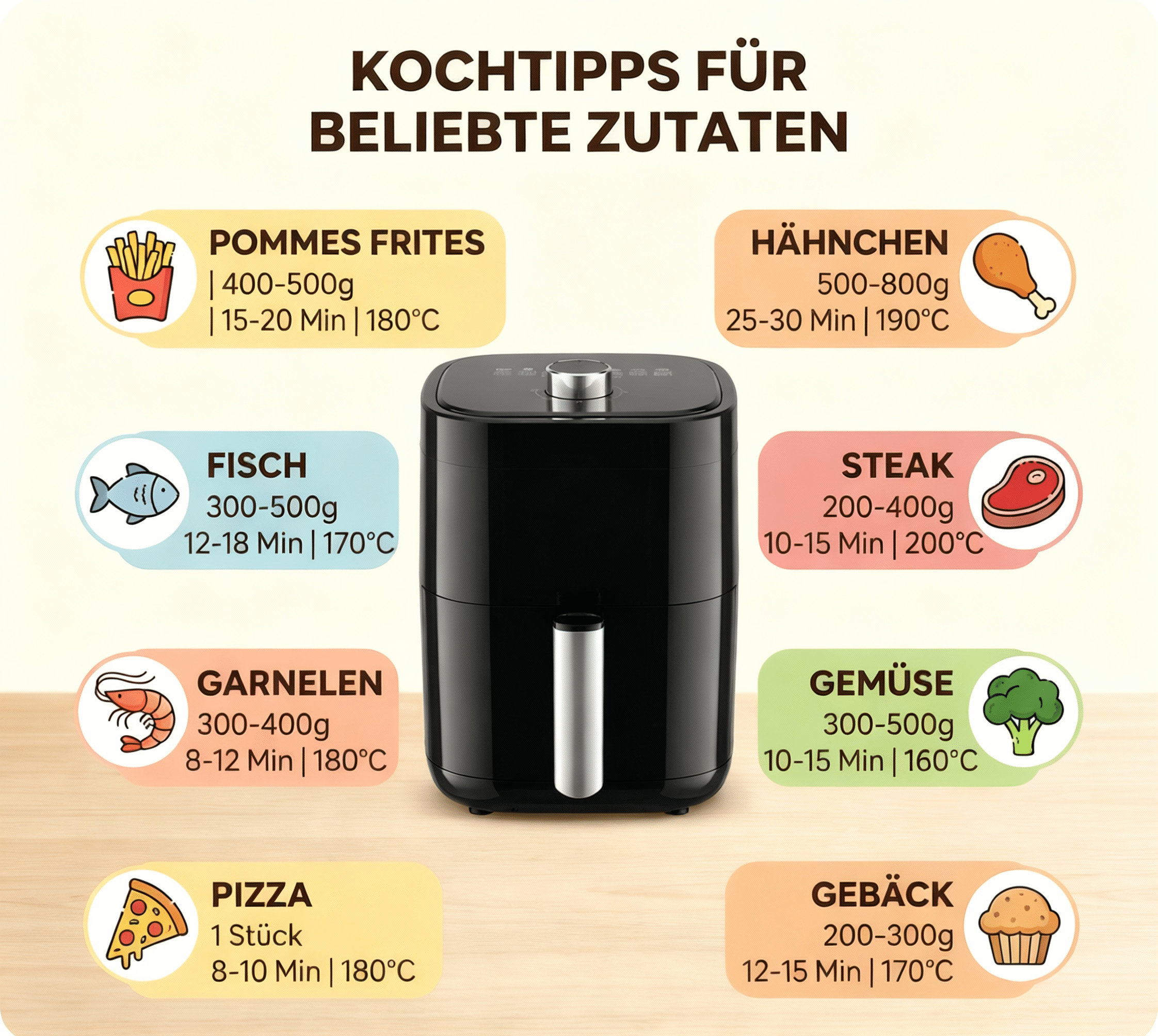 Kochtipps für Zutaten mit einem schwarzen Airfryer in der Mitte und Symbolen.