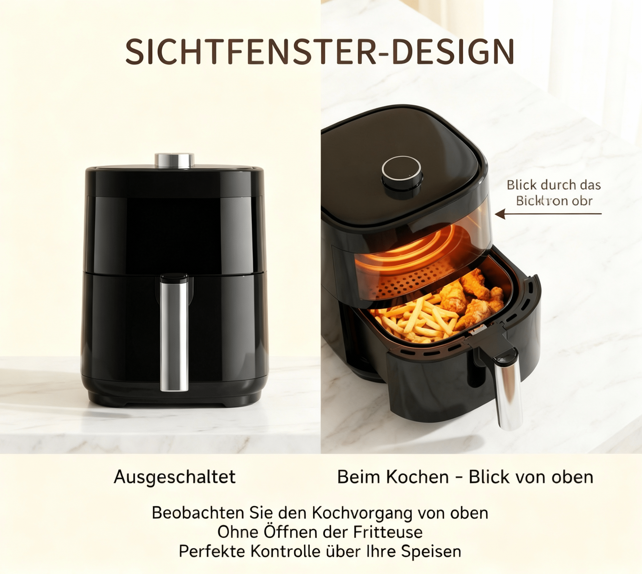 Schwarzer Airfryer, ausgeschaltet und in Betrieb mit Pommes und Hähnchen.