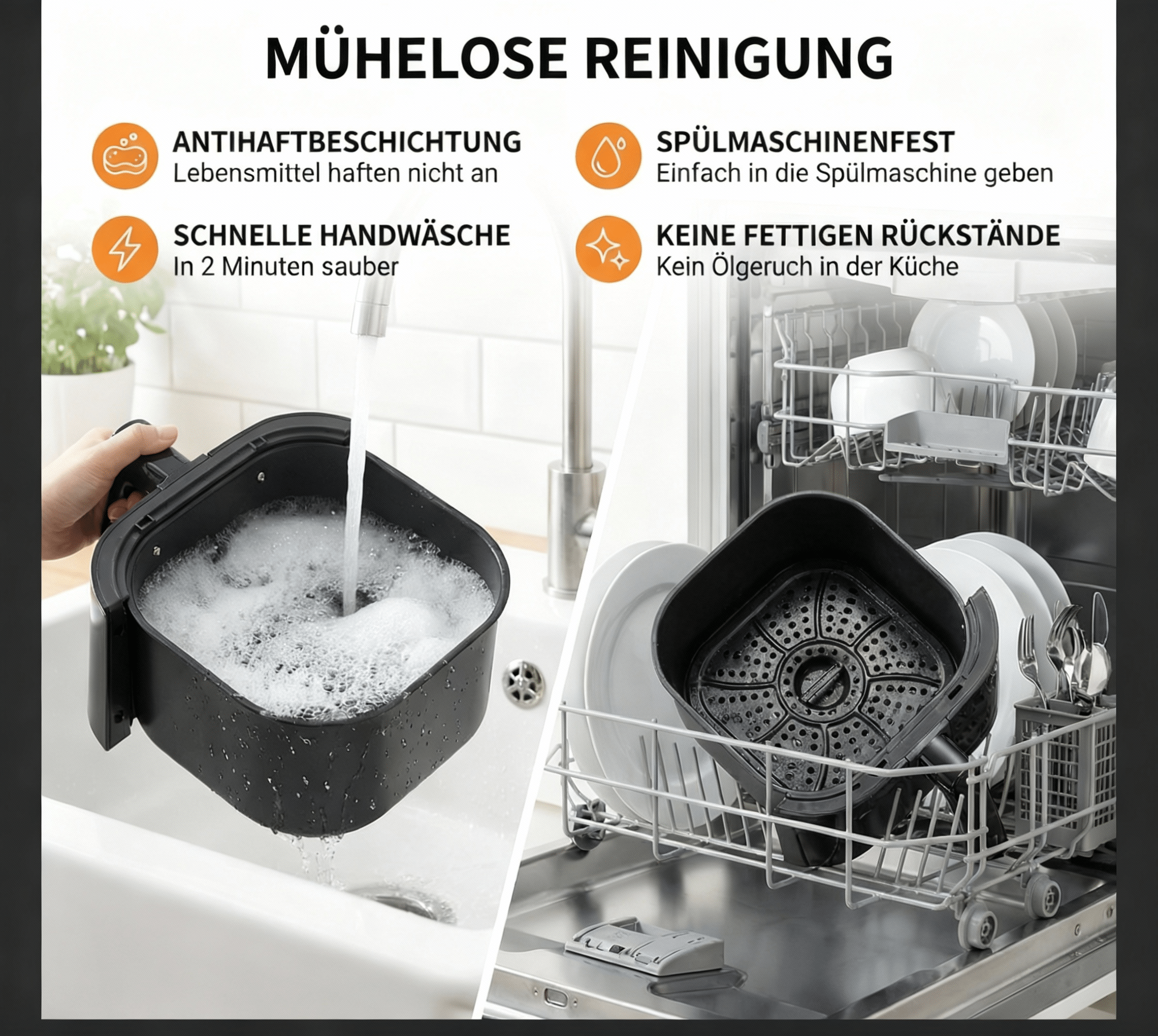 Luftfritteuse-Einsatz wird in der Spüle gereinigt und in der Spülmaschine platziert.