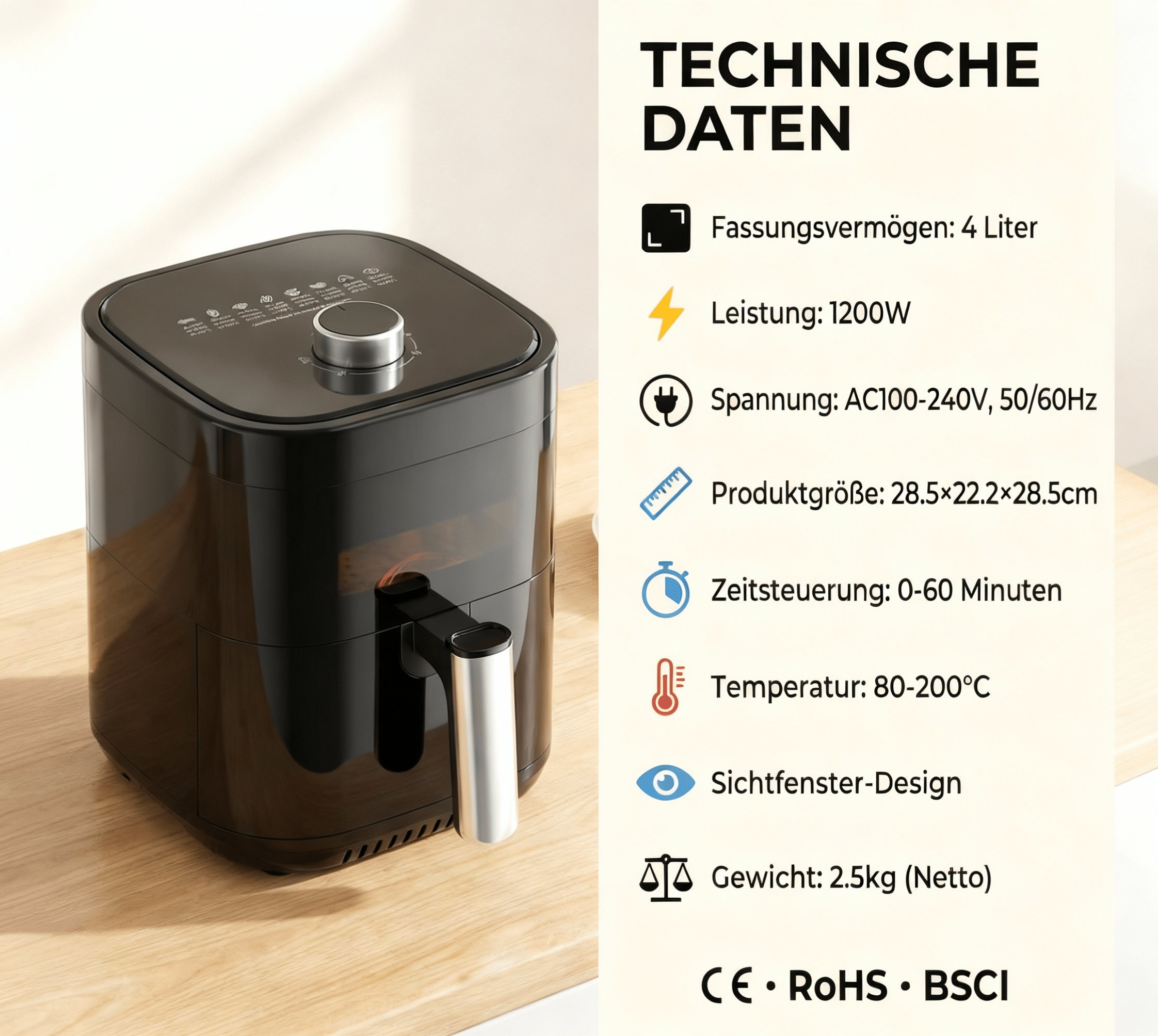 Schwarzer Heißluftfritteuse mit technischen Daten und silbernem Griff.