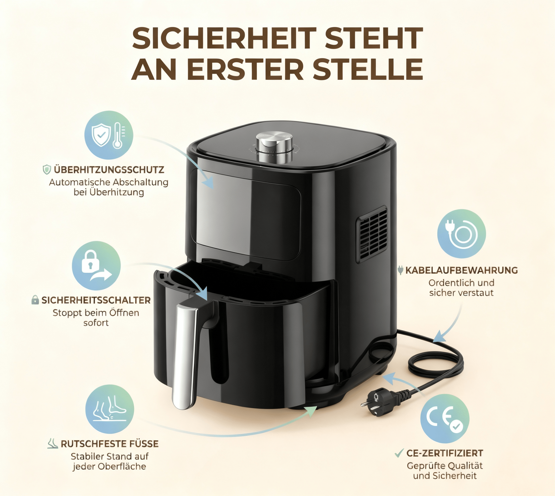 Schwarzer Heißluftfritteuse mit Sicherheitsfunktionen wie Überhitzungsschutz.