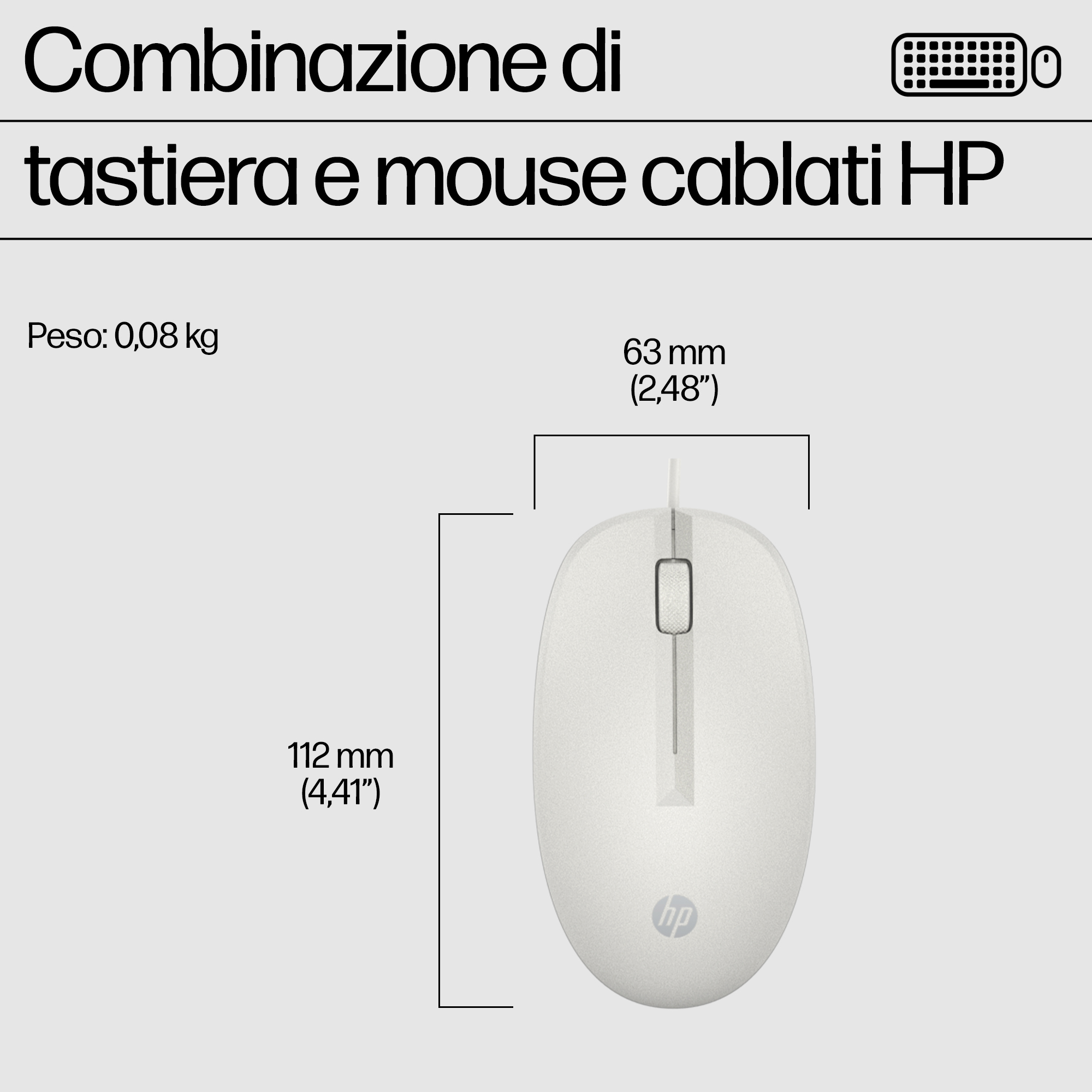 Un mouse HP bianco di 112x63mm e peso 0,08kg.