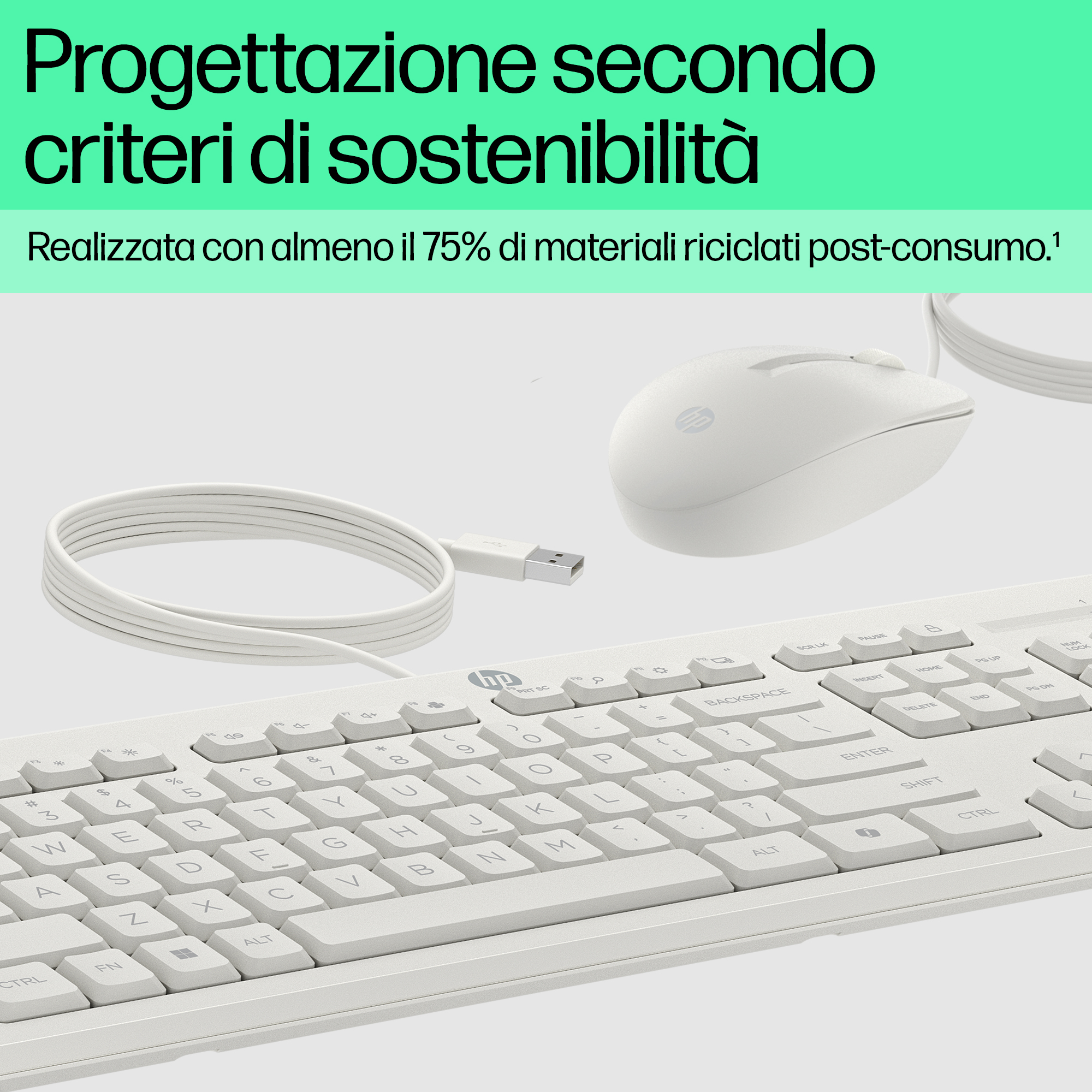 Un mouse e una tastiera HP bianchi su sfondo chiaro.