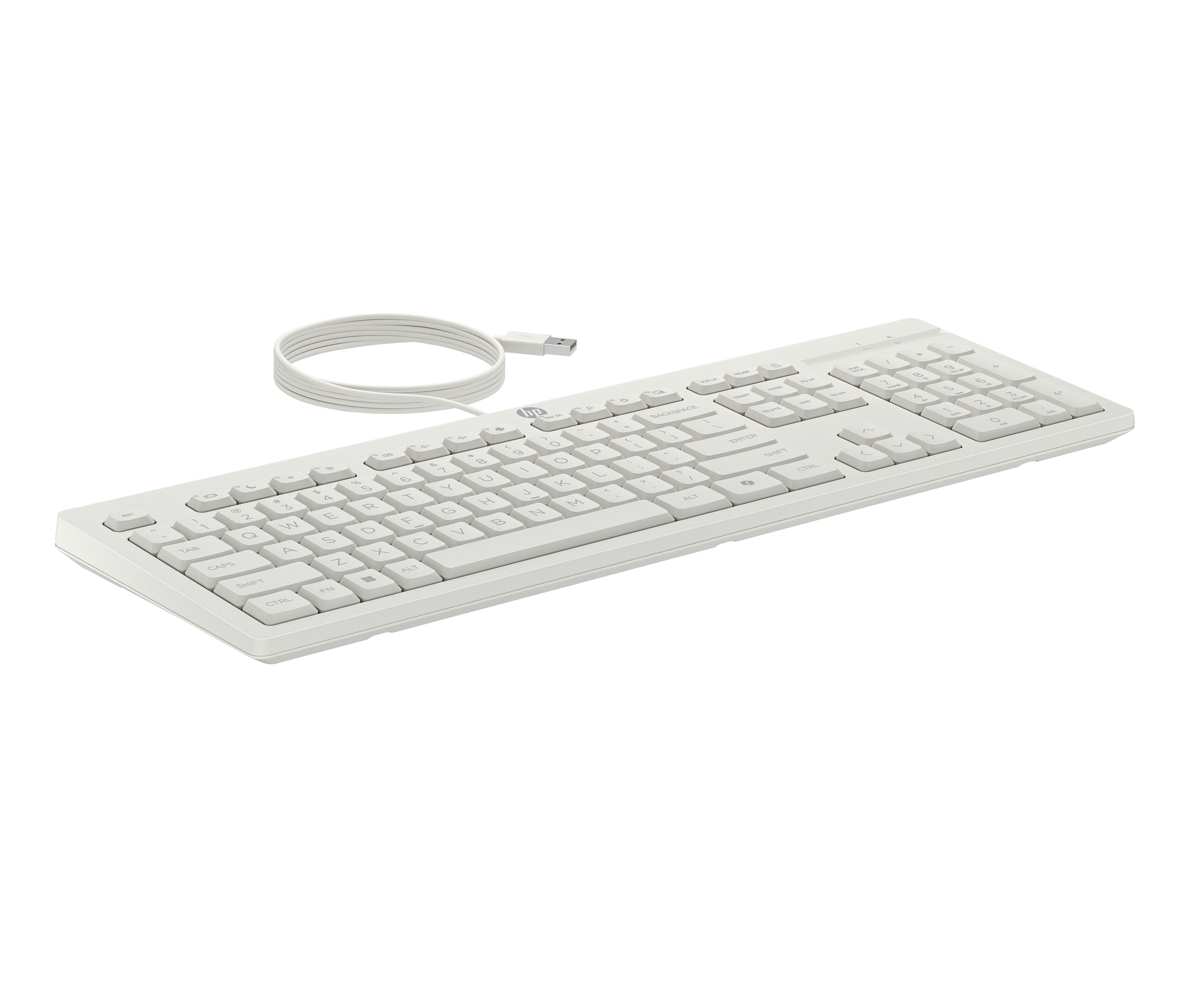 Tastiera USB grigio chiaro con tastierino numerico e cavo bianco.