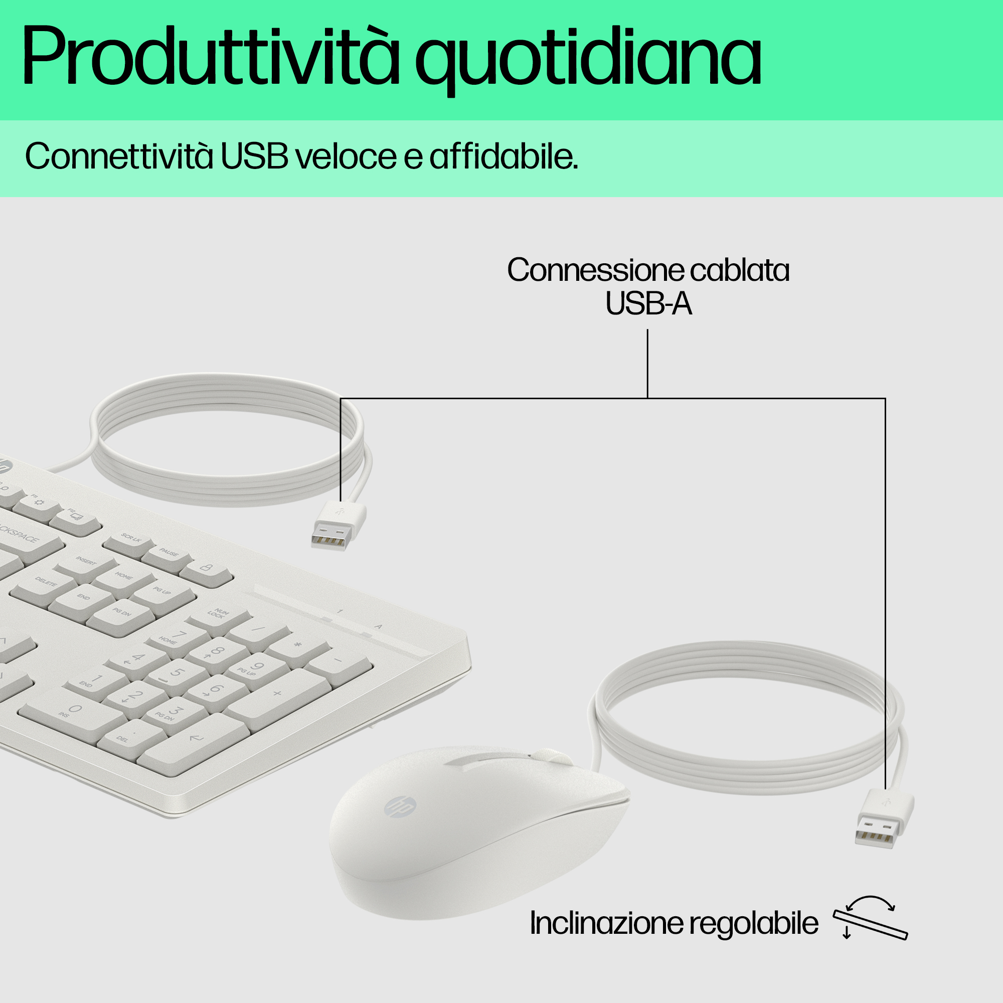 Tastiera e mouse bianchi con cavo USB-A. Testo: Produttività quotidiana.