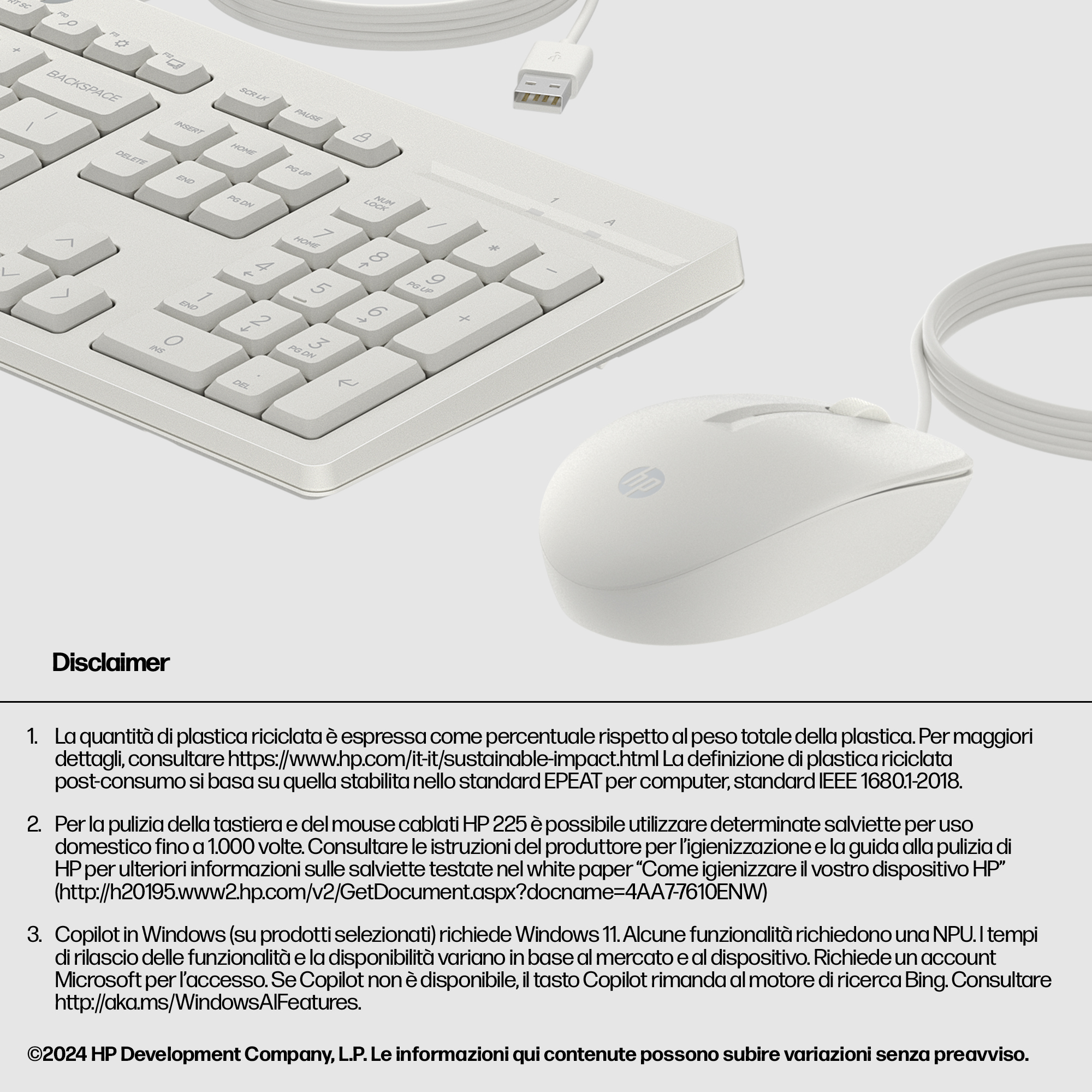 Tastiera e mouse bianchi con cavo USB, primo piano dei tasti e logo HP.