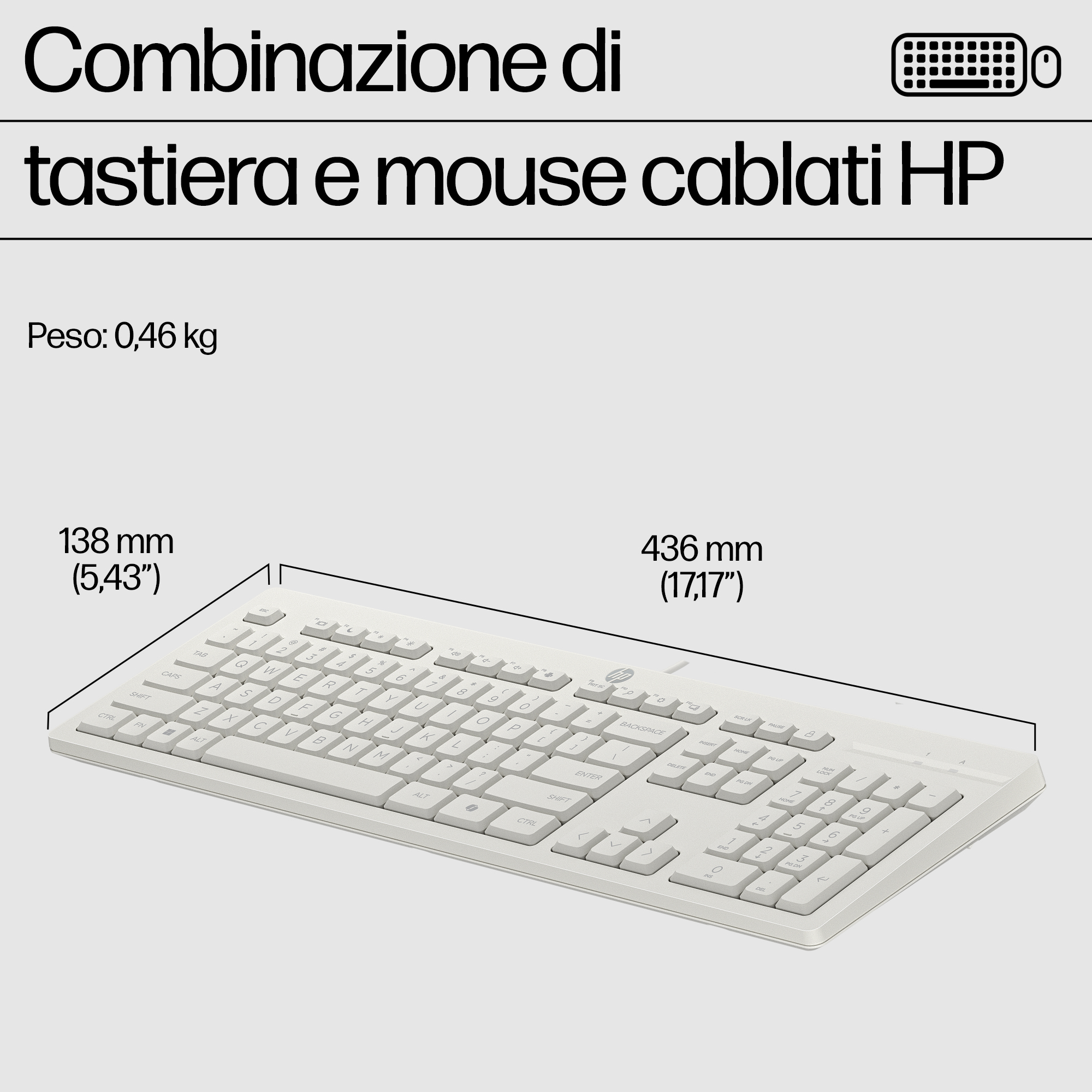 Un set tastiera e mouse HP bianco, con dimensioni e peso.