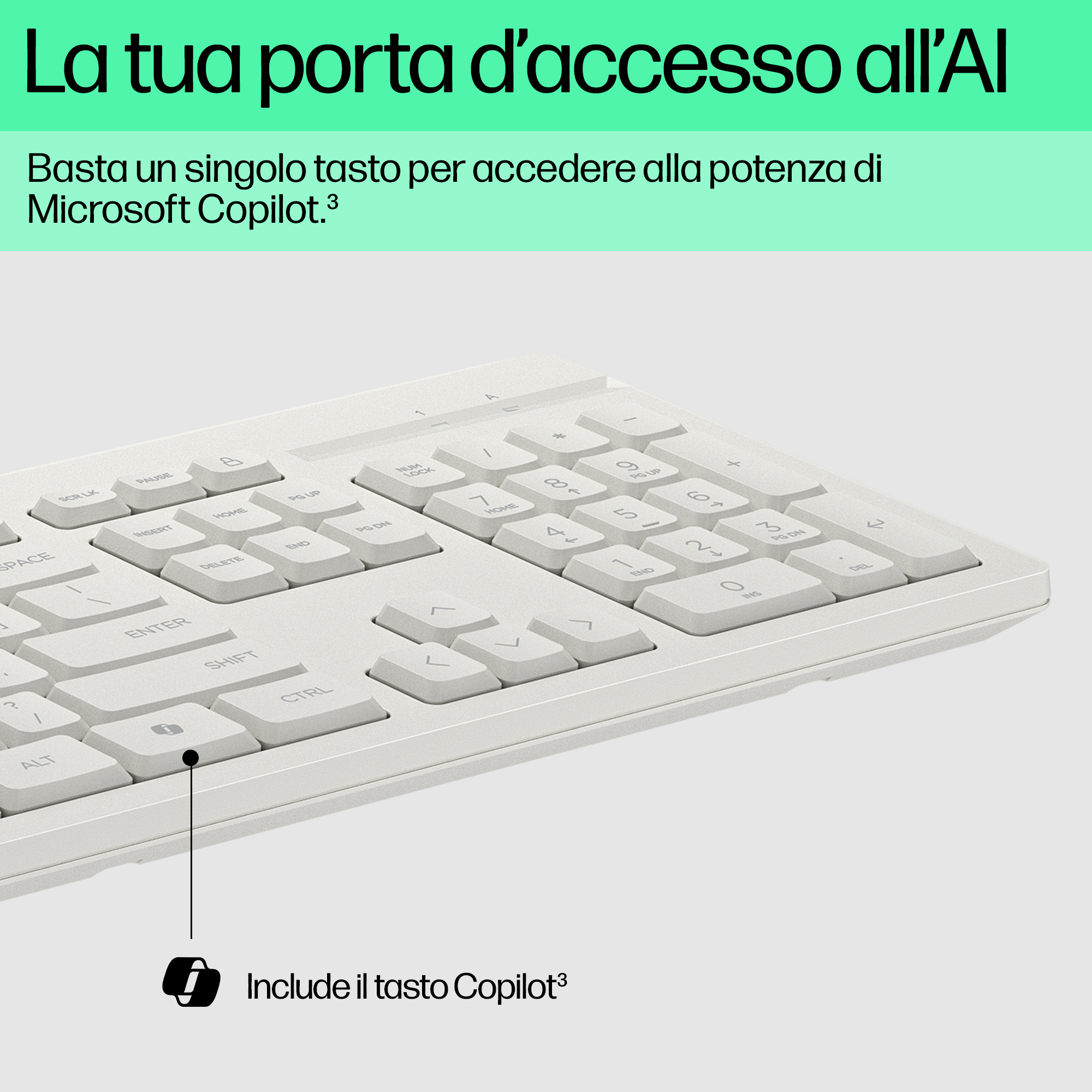 Una tastiera bianca con il tasto Copilot ed testo sull'accesso all'IA.