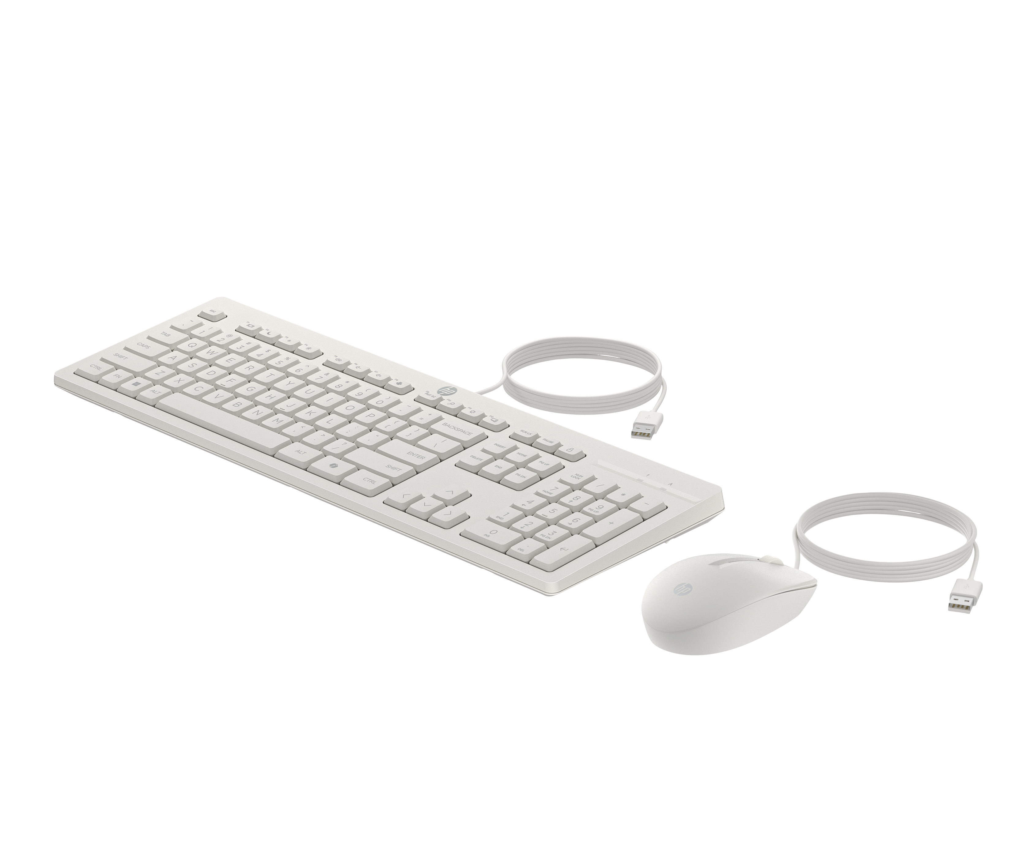 Una tastiera e un mouse bianchi con cavi USB su sfondo bianco.