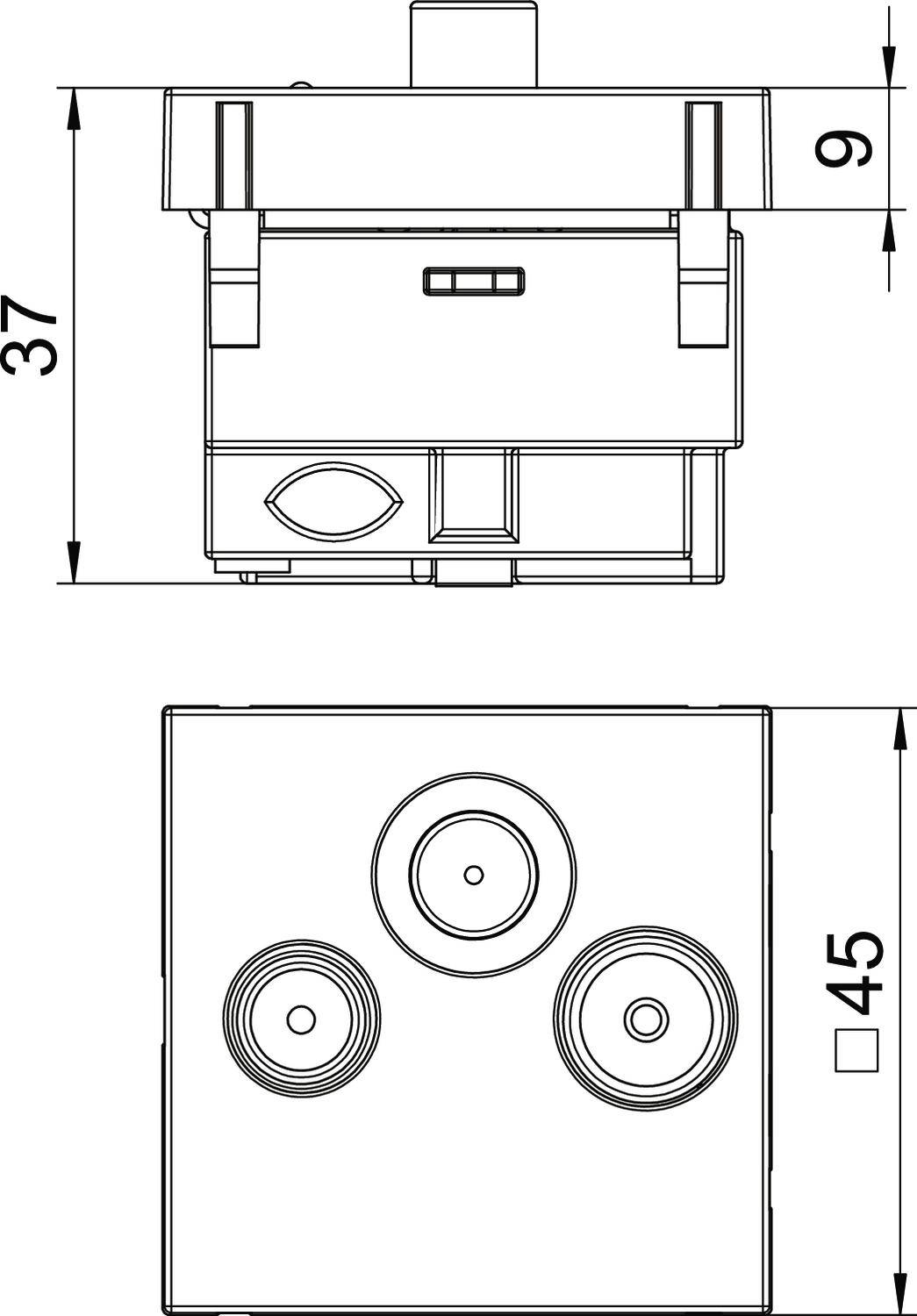 Disegno tecnico di un dispositivo rettangolare con dimensioni e tre connettori circolari.