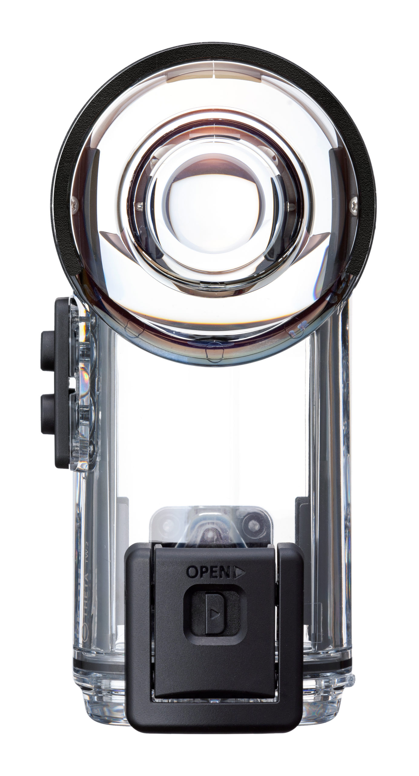 Ein durchsichtiger, rechteckiger wasserdichter Kasten mit schwarzen Knöpfen und einem OPEN-Symbol.