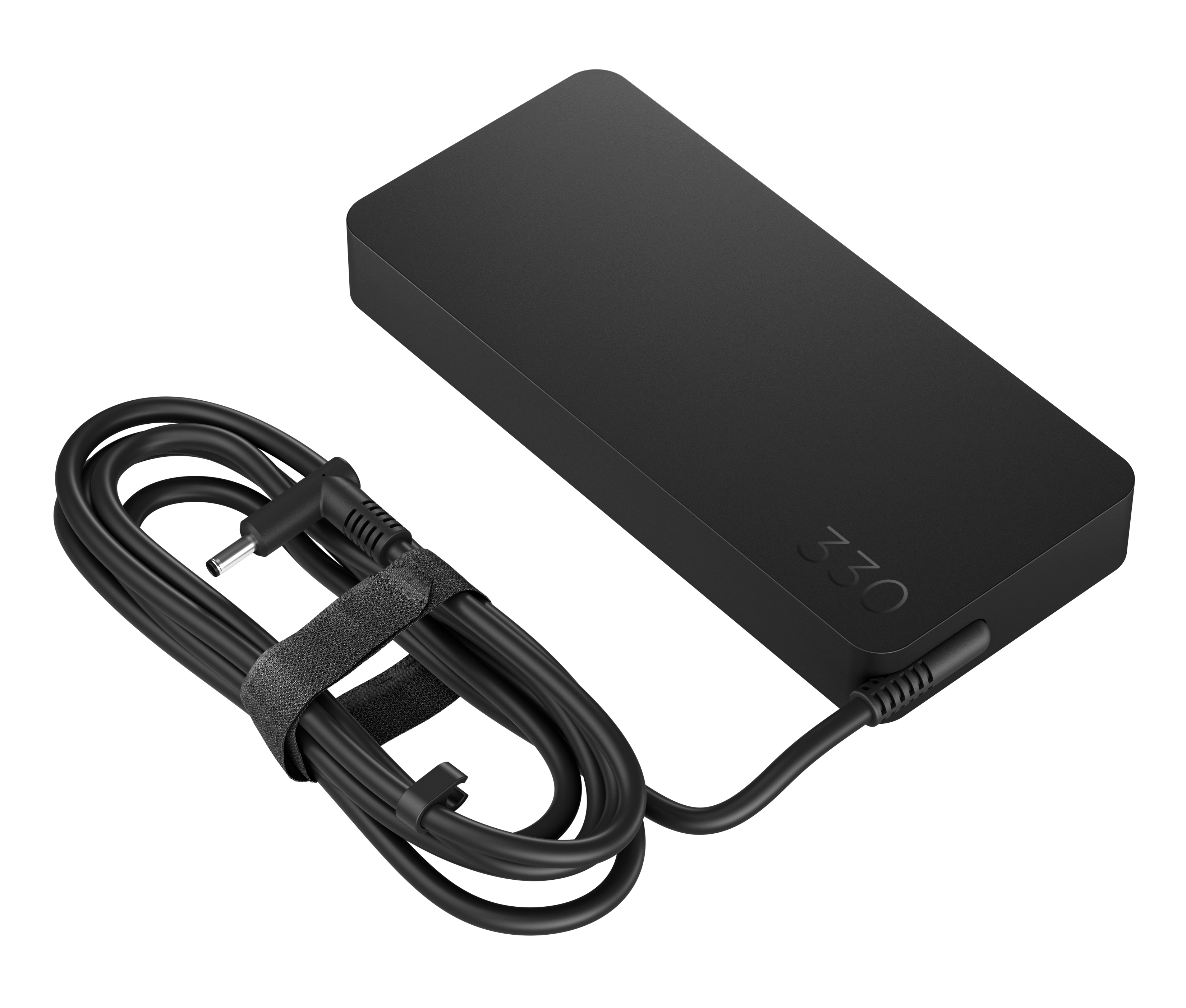 Alimentatore nero per laptop con cavo e cinturino.