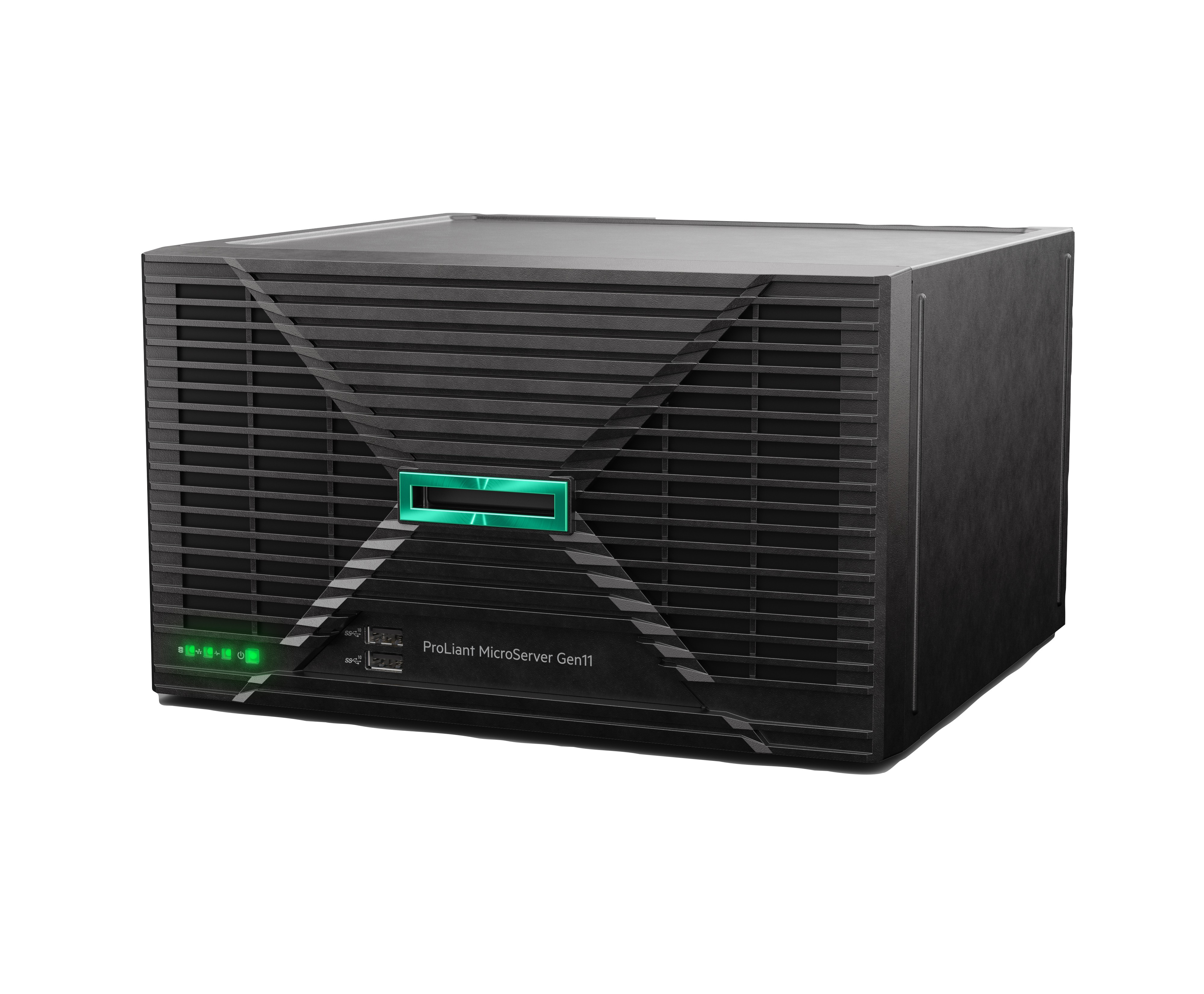 Server nero con fessure di ventilazione e indicatori LED verdi.