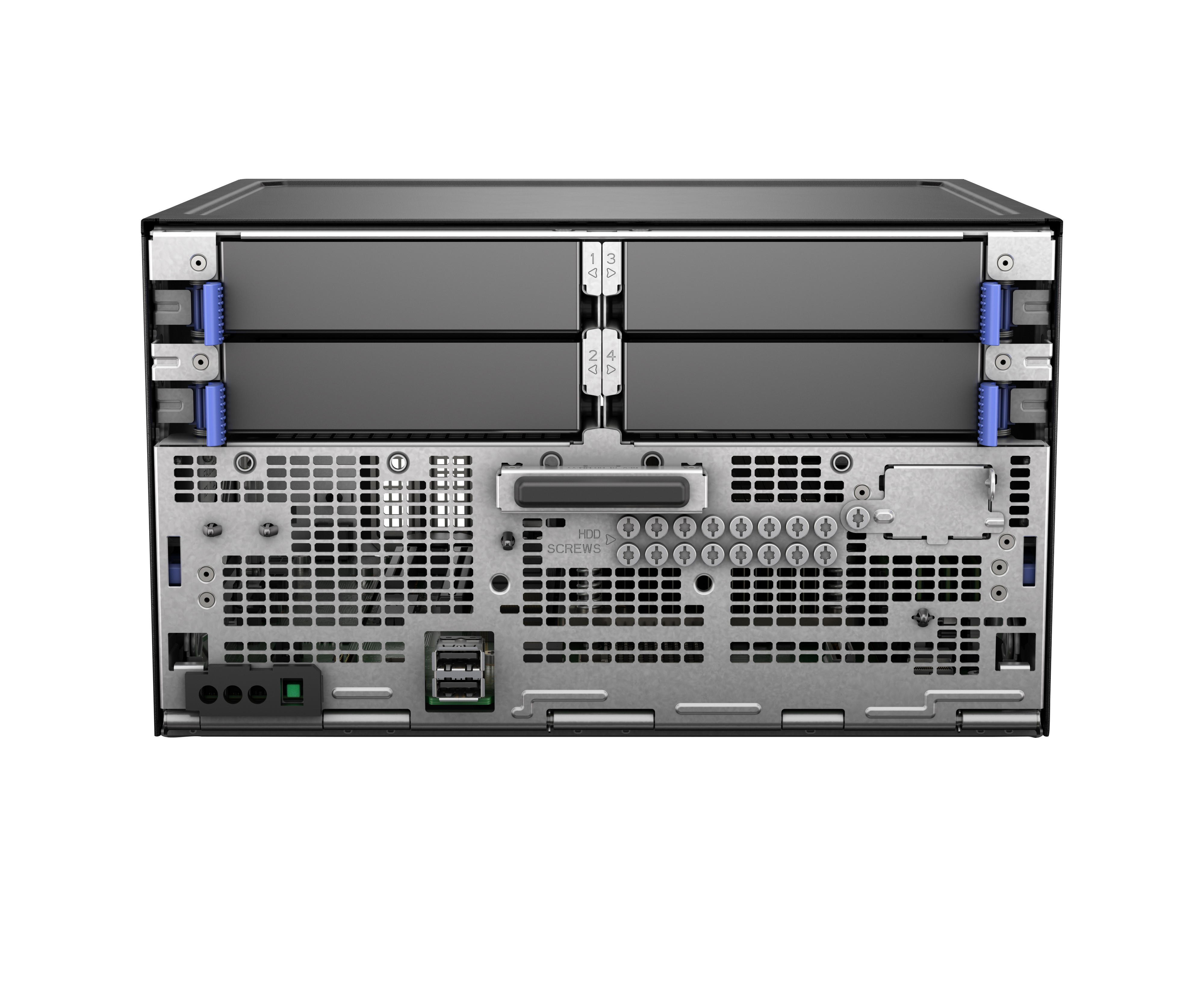 Vista posteriore di un server con feritoie di ventilazione, porte e quattro alloggiamenti.