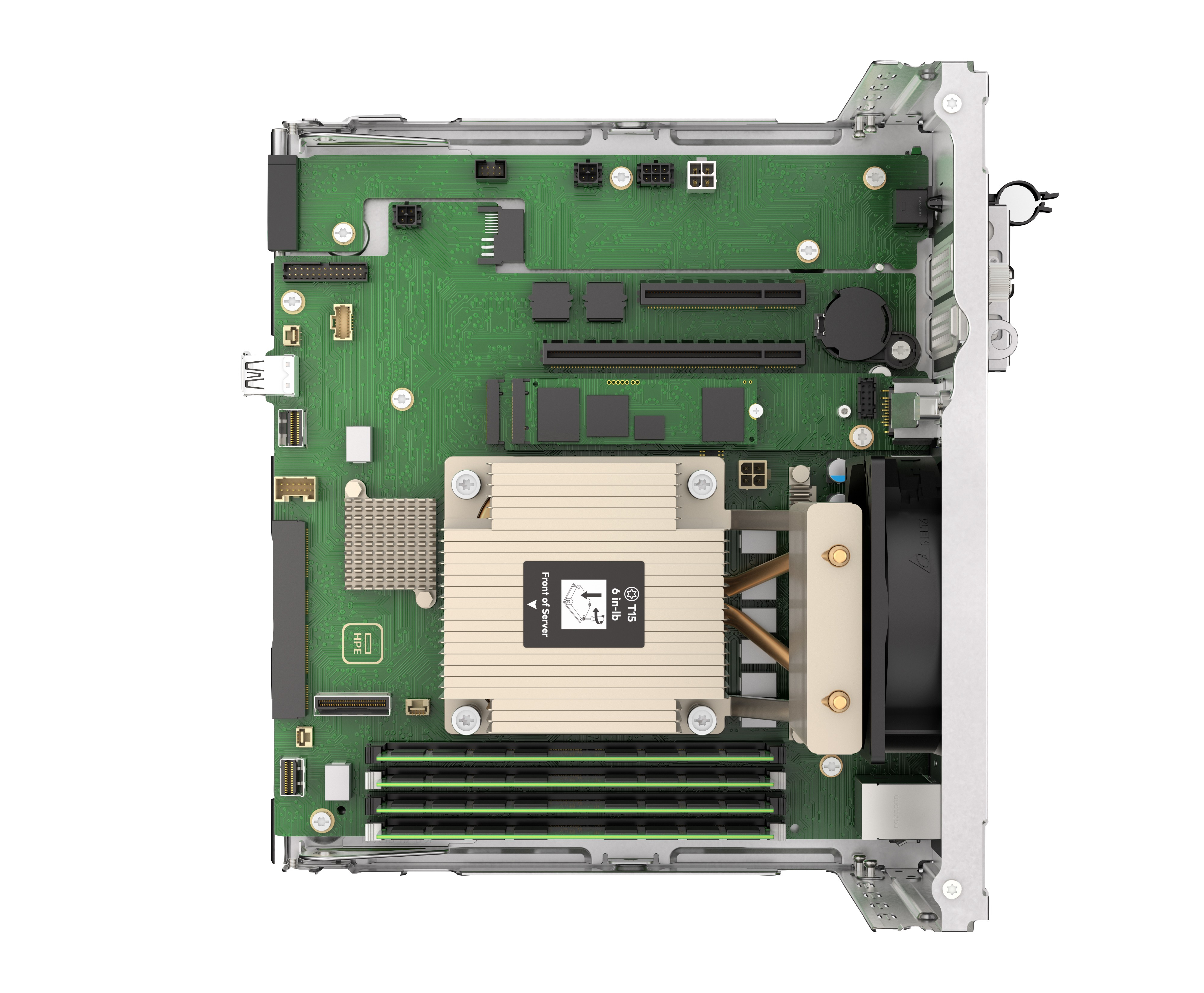 Una scheda madre verde con dissipatore CPU, slot RAM, ventola e connettori.