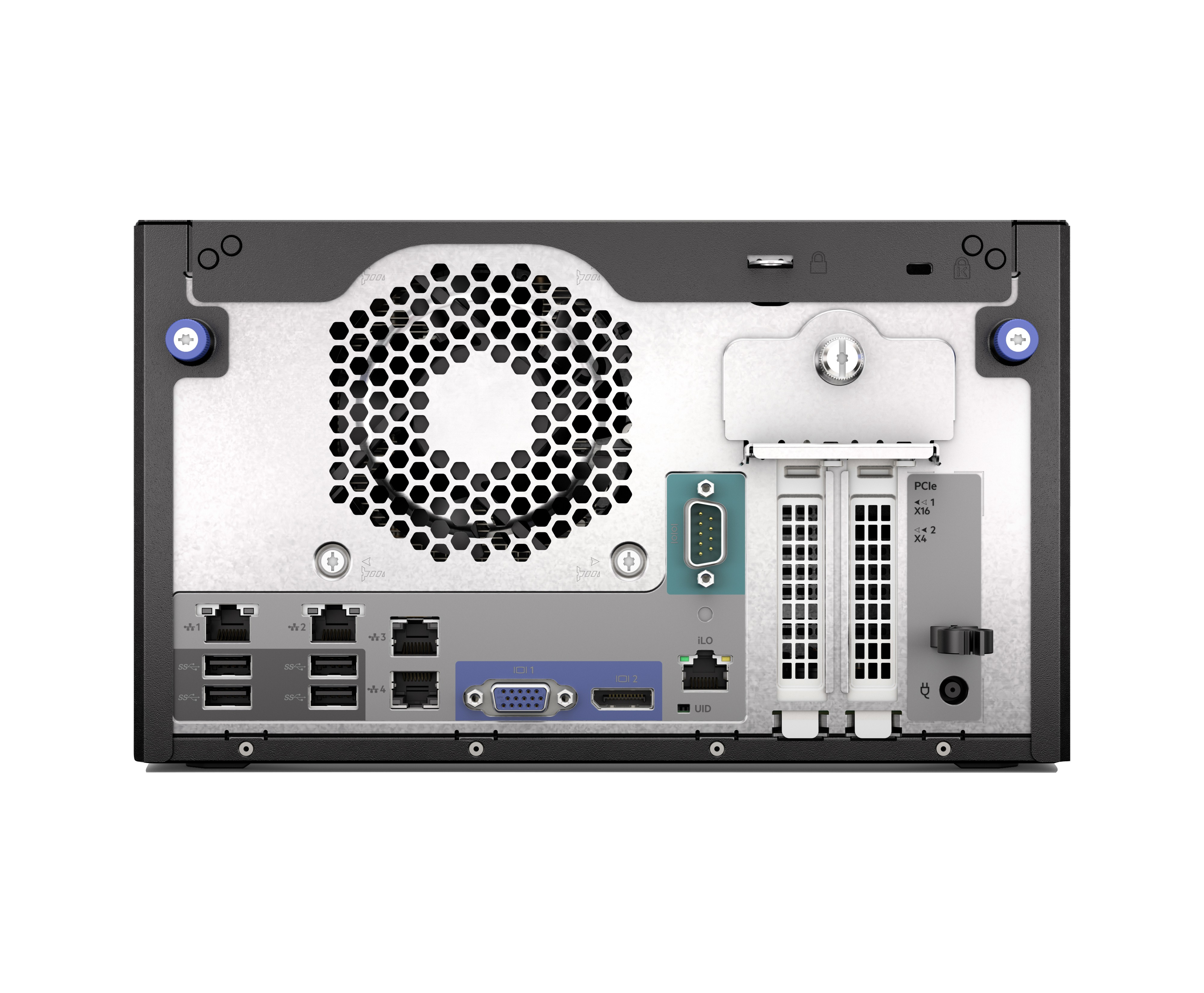 Vista posteriore di un server con ventola, porte USB, di rete e video.