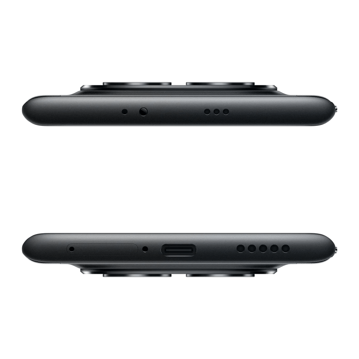 Widok z góry i z dołu czarnego smartfona z widocznymi aparatami i portami.