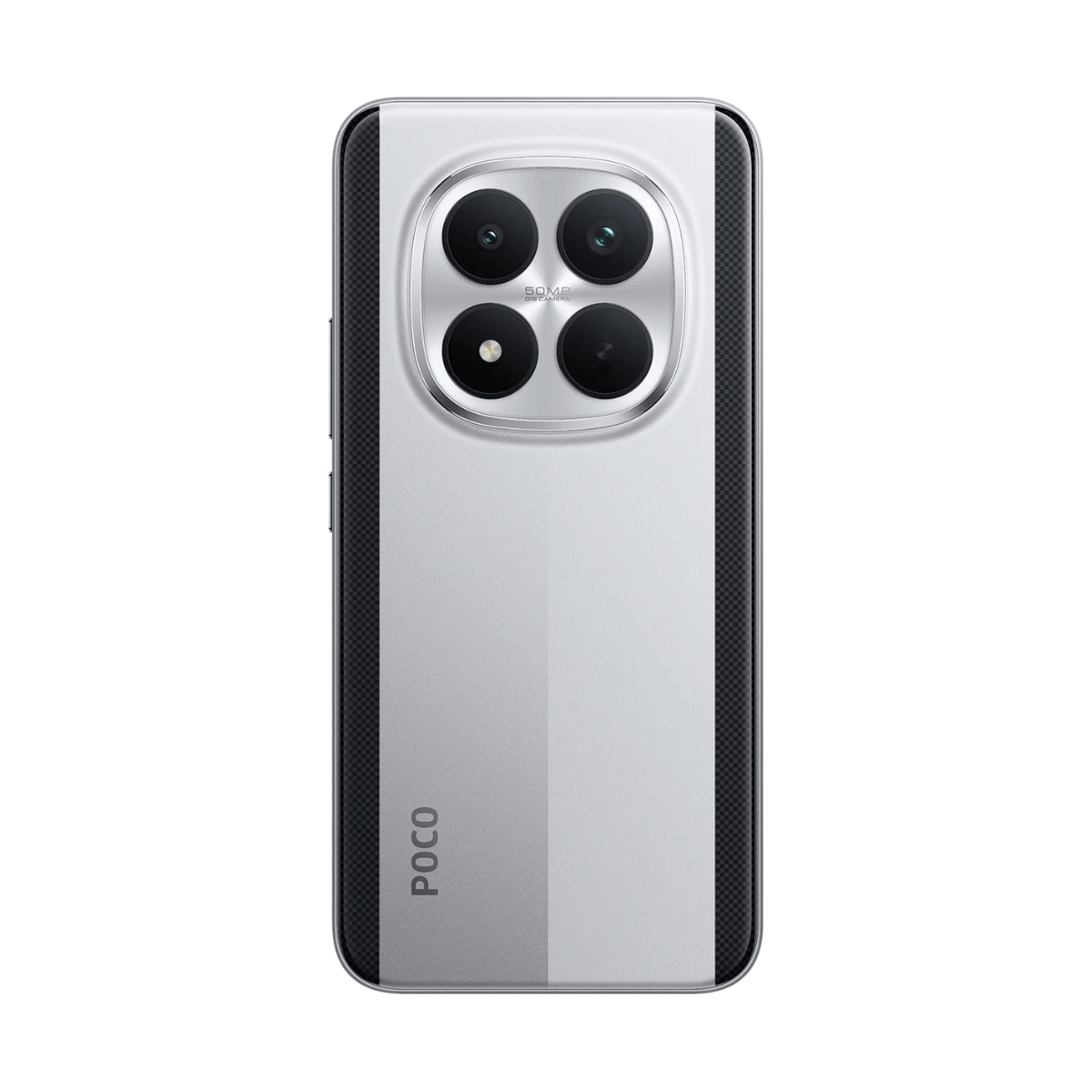 Rückseite eines silbernen Smartphones mit vier Kameras und POCO-Logo.