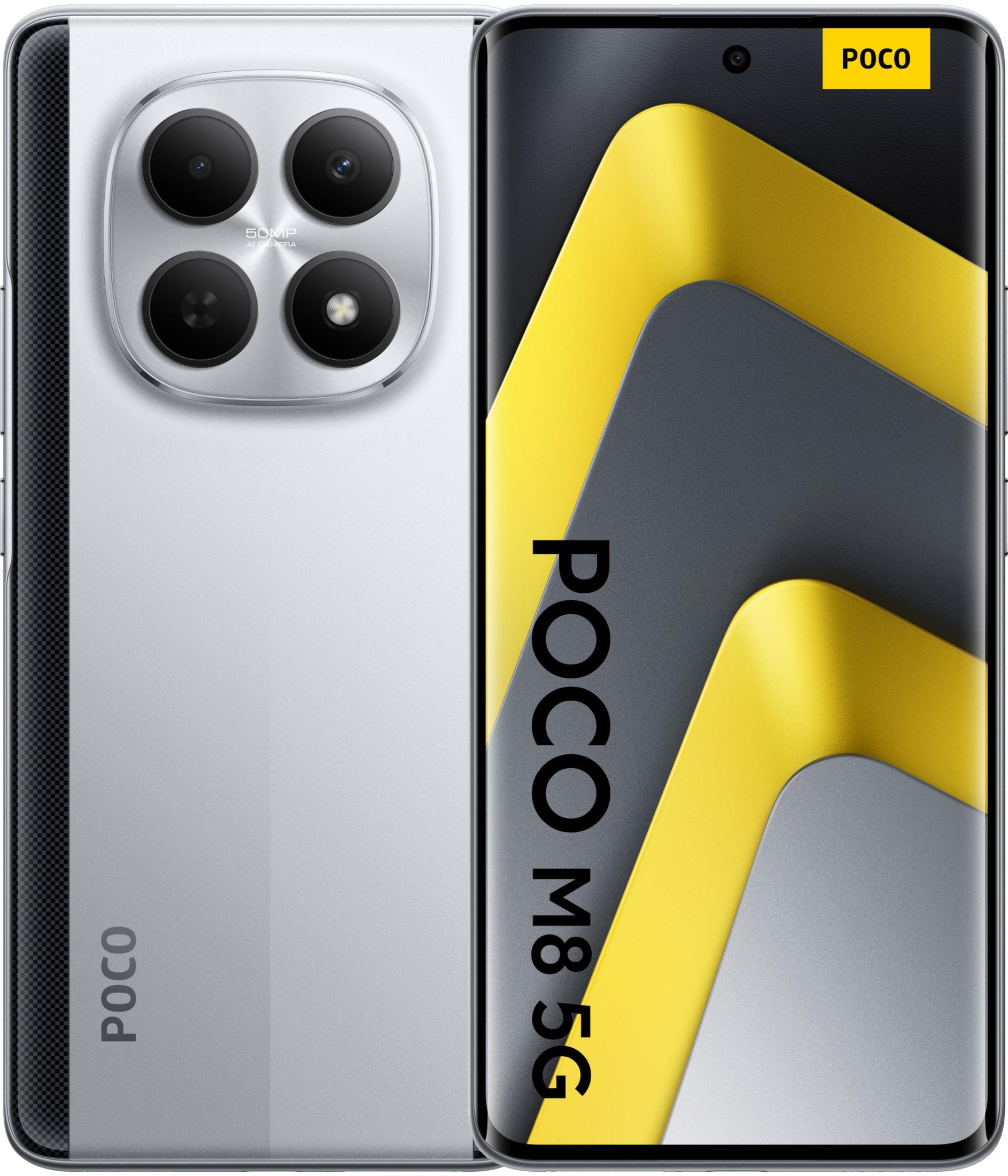 Srebrny smartfon POCO M8 5G z poczwórnym aparatem z tyłu.