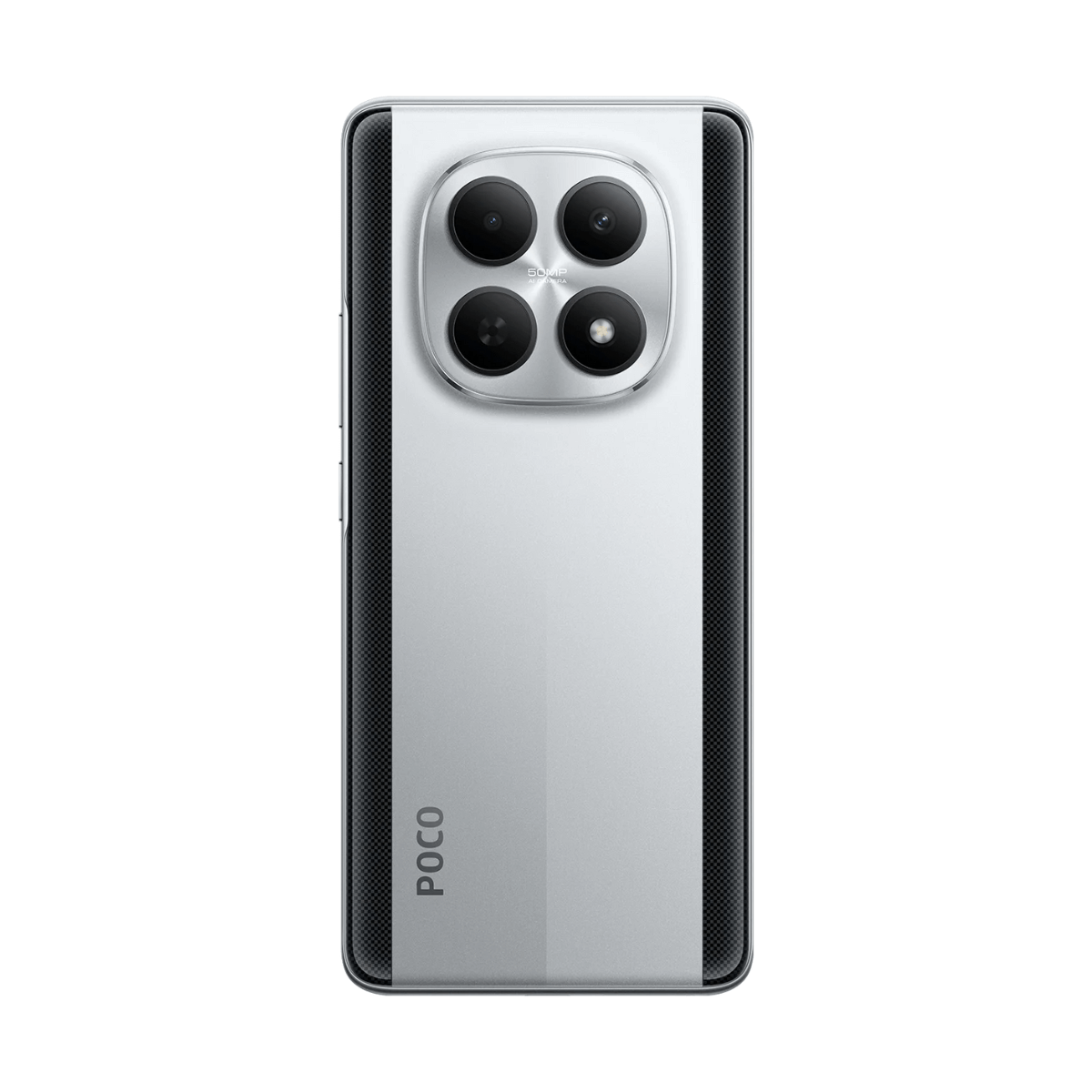 Tył srebrnego smartfona z czterema aparatami i logo POCO.