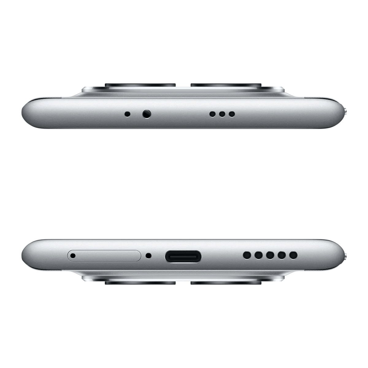 Widok z góry srebrnego smartfona z obiektywami aparatu i portem ładowania.