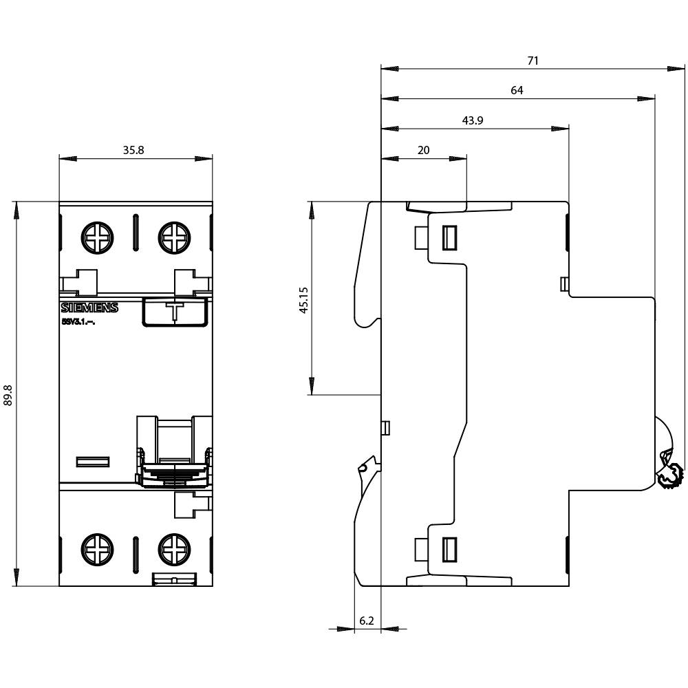 Disegno tecnico di un interruttore elettrico con dimensioni.