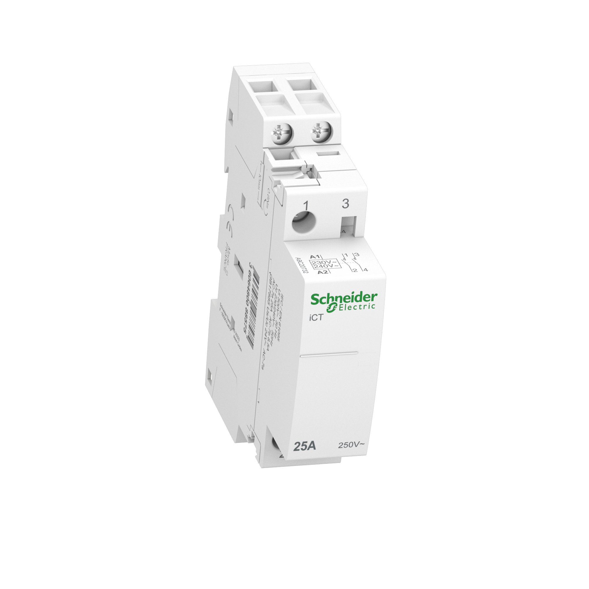 Un contattore Schneider Electric bianco da 25A 250V, visto di profilo.