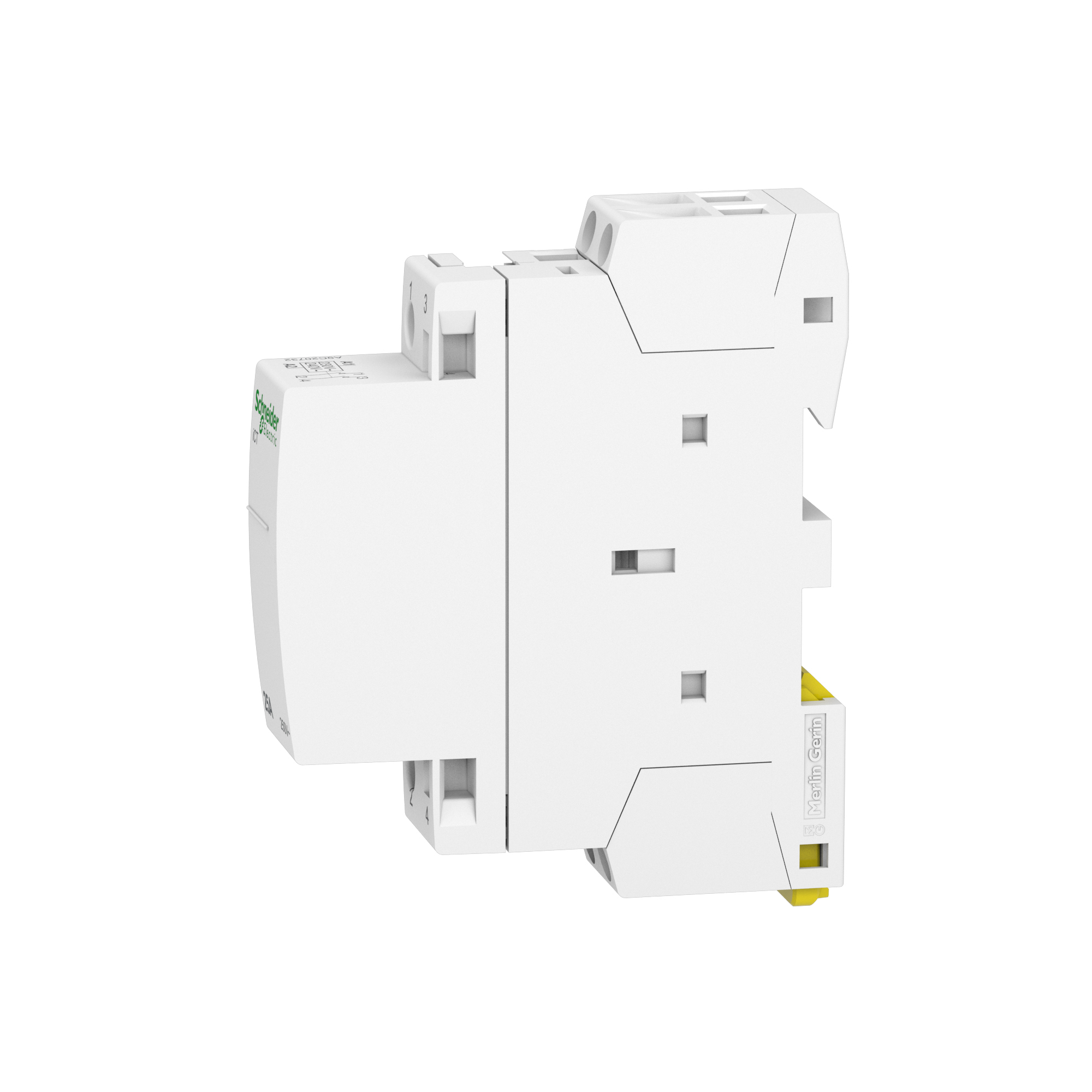 Un interruttore elettrico bianco con logo Schneider Electric e accenti gialli.
