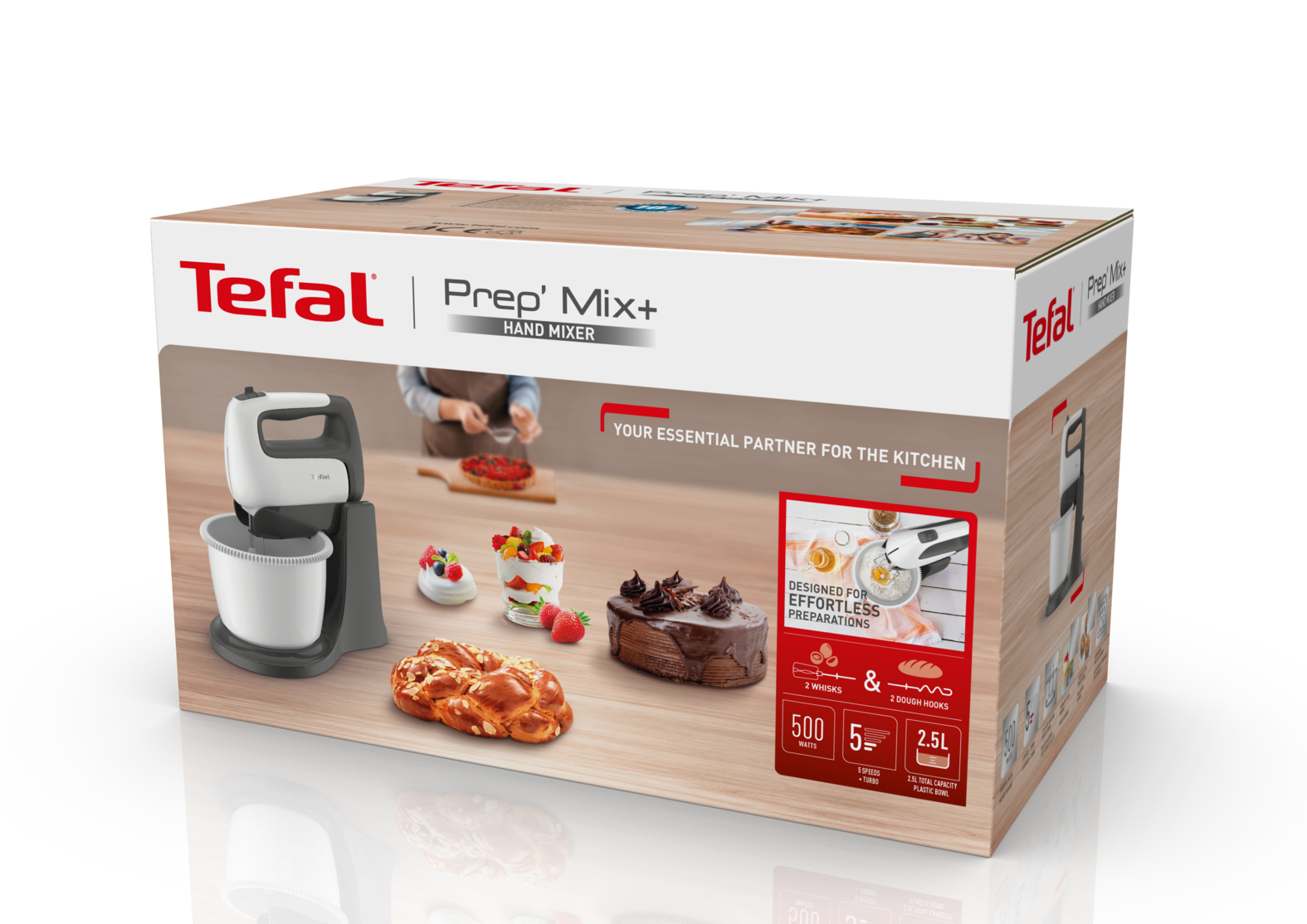 Verpakking van een Tefal handmixer met taarten en gebak.