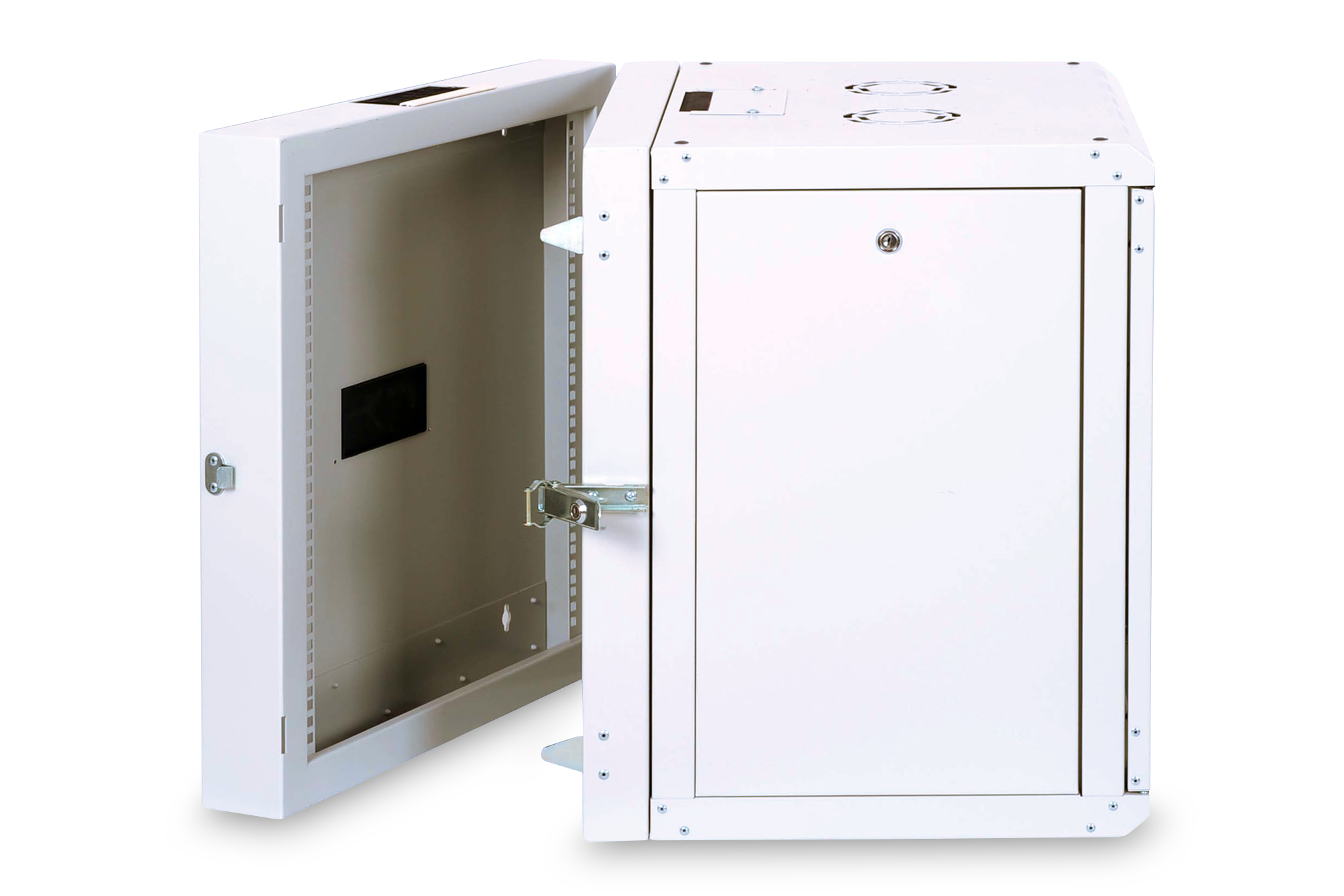 Un rack server bianco con porta aperta, che mostra ventole e serratura.