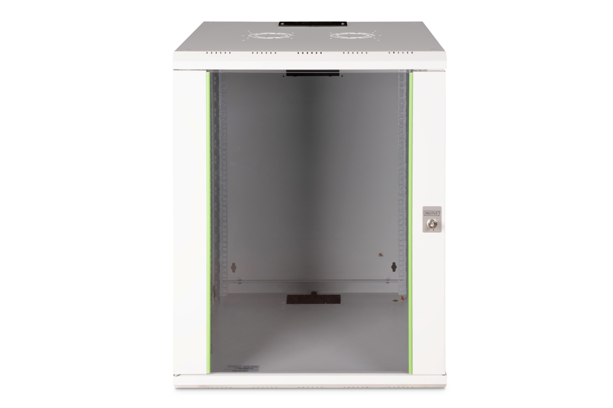 Ein weißer Netzwerkschrank mit Glastür und Schloss.