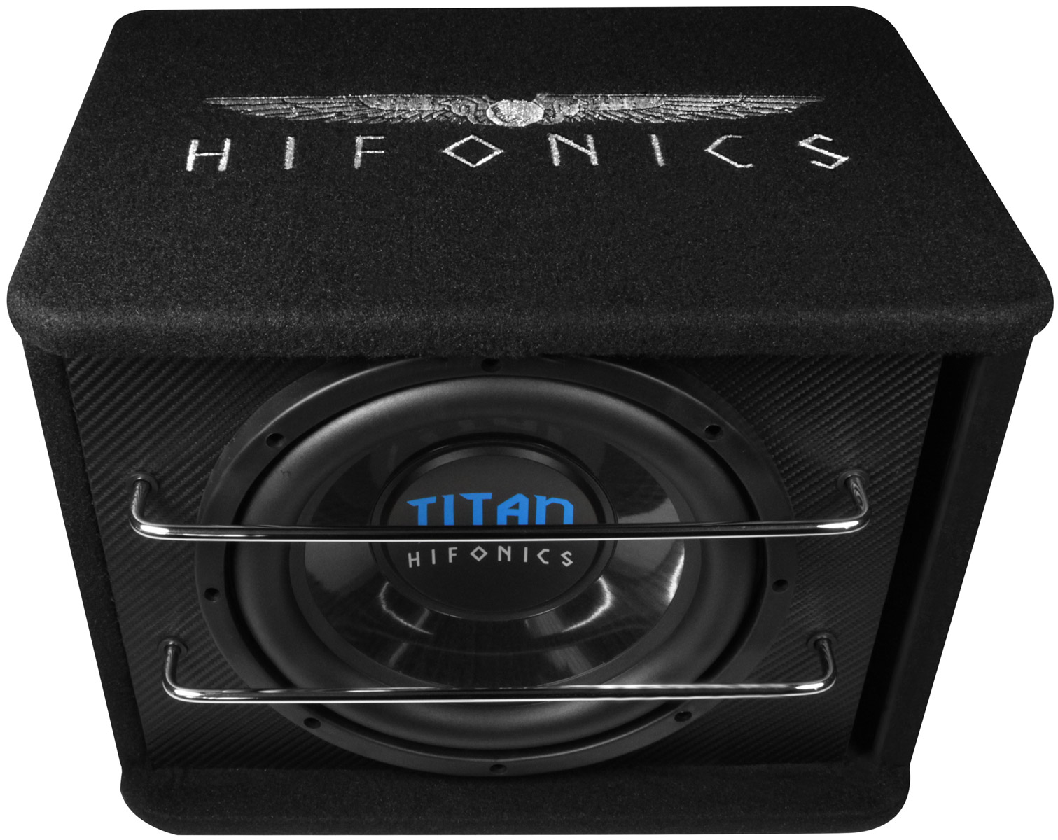 Schwarzer Subwoofer mit silbernem HIFONICS-Logo und TITAN-Schriftzug.