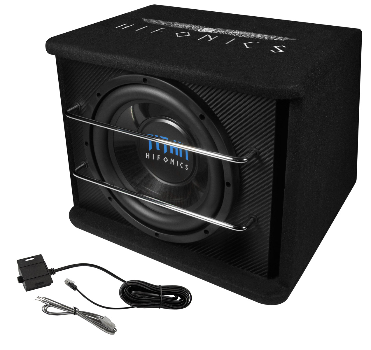 Schwarzer Subwoofer mit silbernem Schutzgitter und Hifonics-Logo. Kabel liegen daneben.