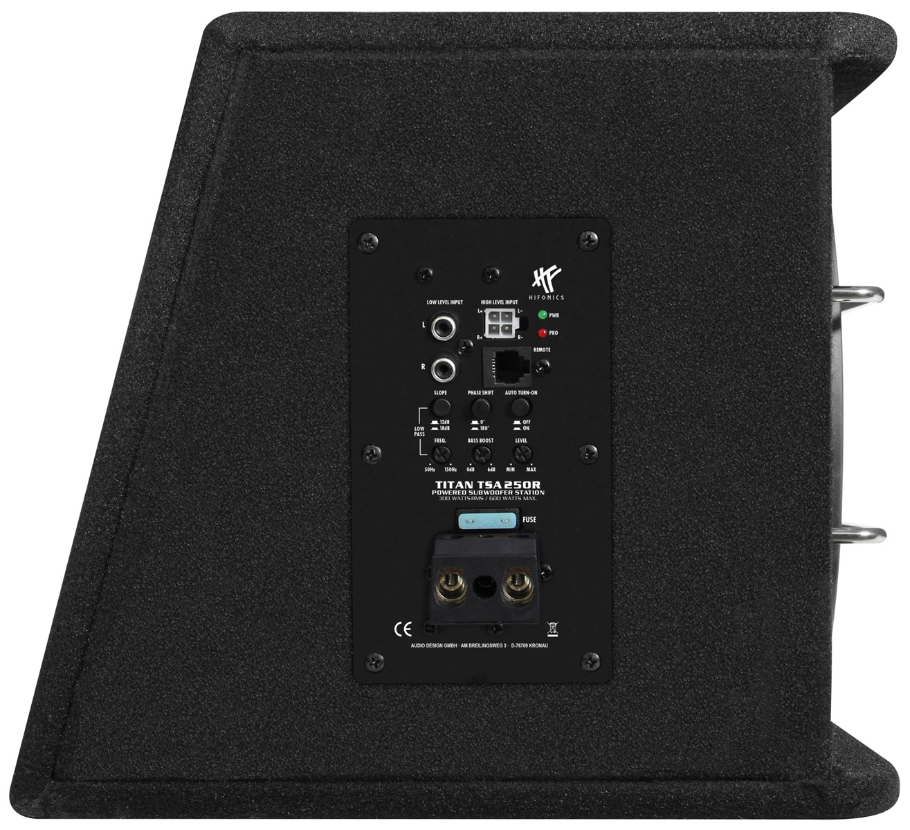 Rückseite eines schwarzen Subwoofers mit Anschlüssen und Bedienelementen.