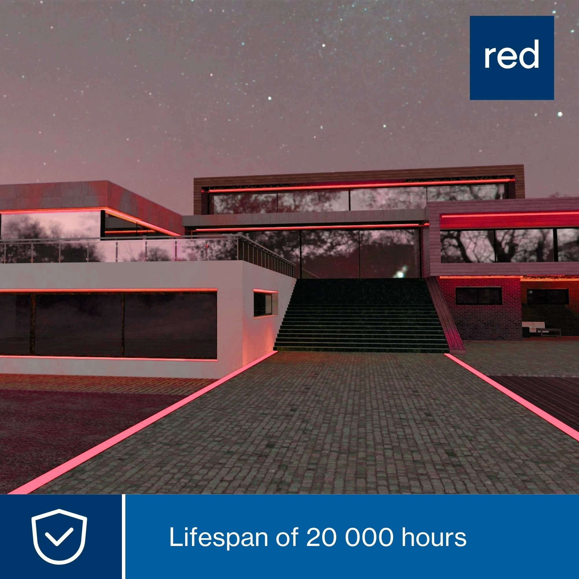 Casa moderna con accenti LED rossi sotto un cielo stellato.