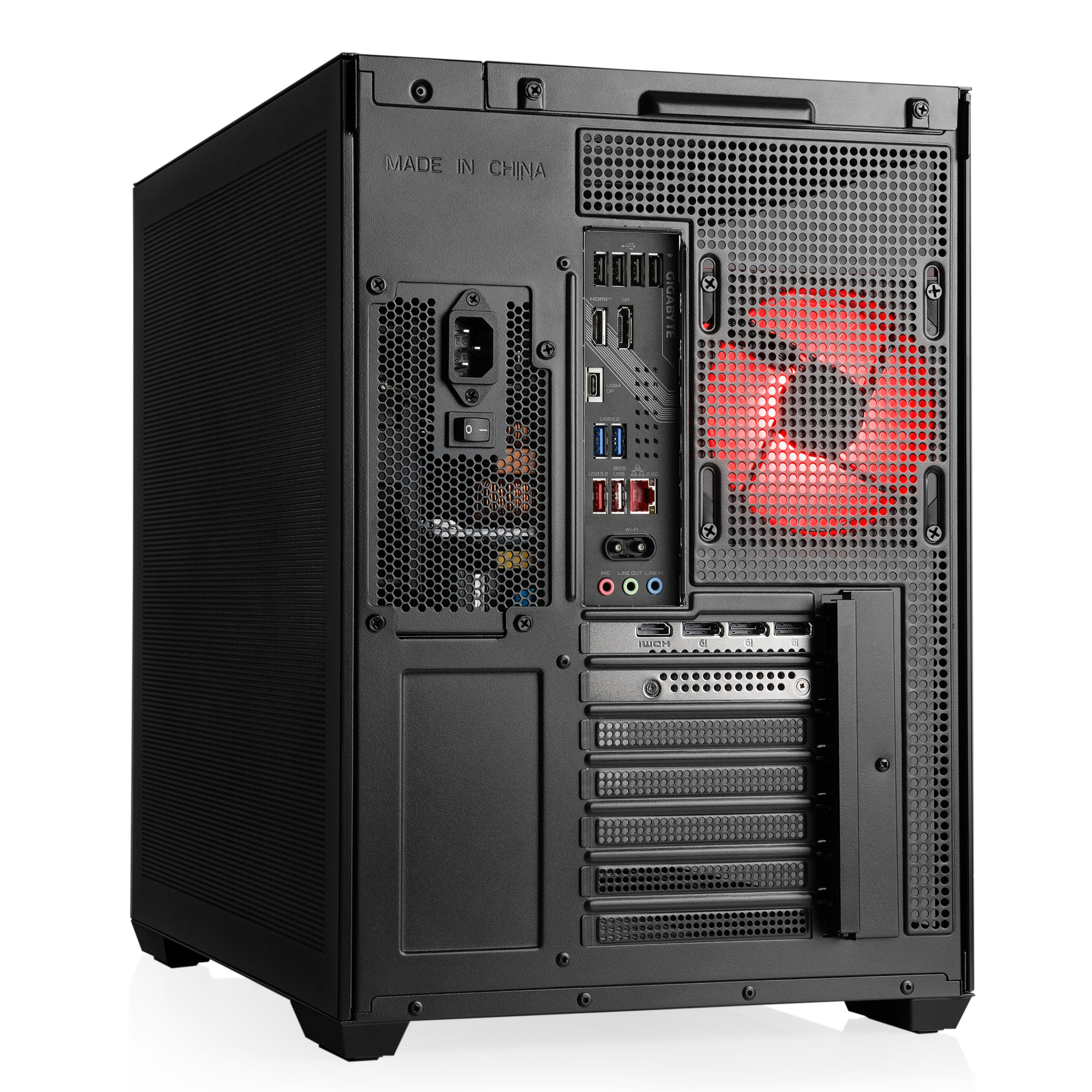 Rückseite eines schwarzen PC-Gehäuses mit Anschlüssen und rotem Lüfter.