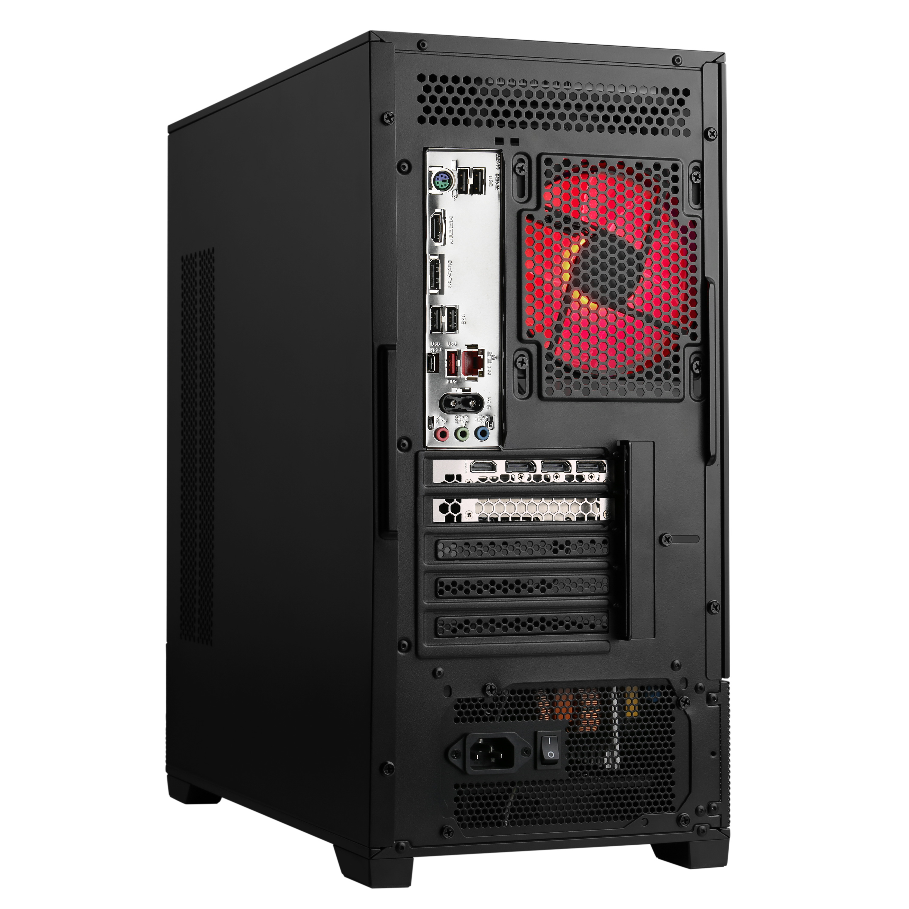 Rückseite eines schwarzen Computergehäuses mit Lüfter und Anschlüssen.